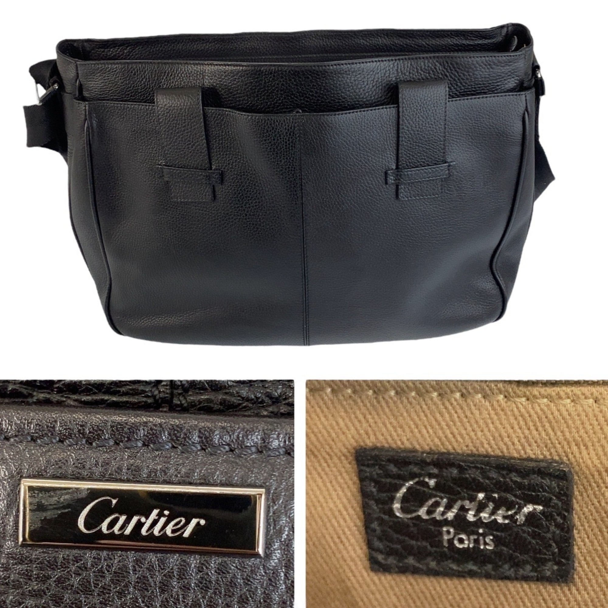 Cartier Dark Brown Leather Messenger Bag Shoulder Bag (Pre-Owned)