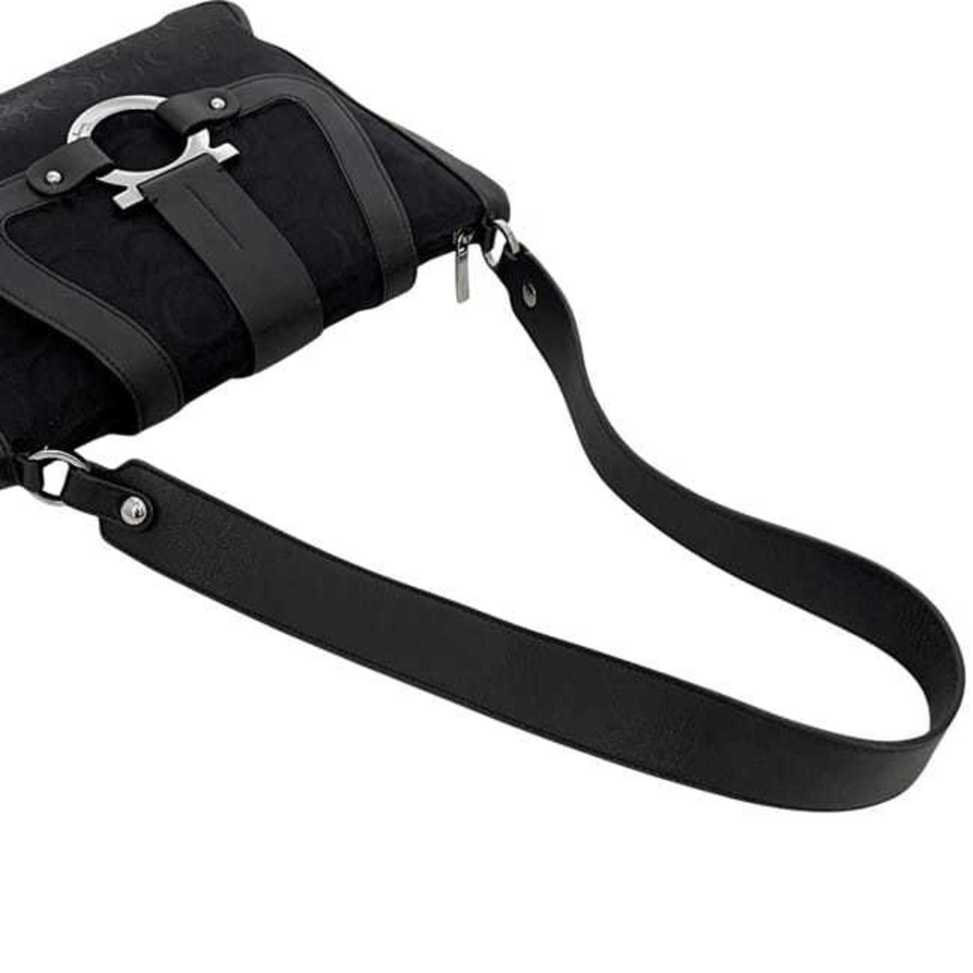 Salvatore Ferragamo Gancini Black Canvas Leather Shoulder Bag (Pre-Owned)