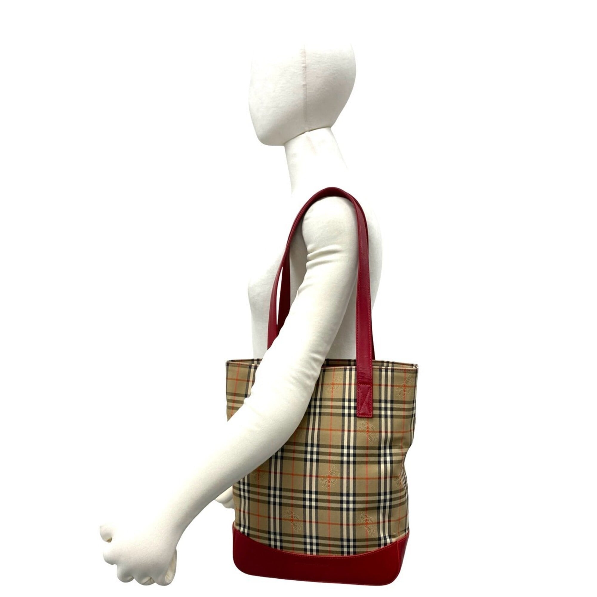 Burberry Beige Red Color Canvas Leather Shoulder Bag Tote Bag (Pre-Owned)