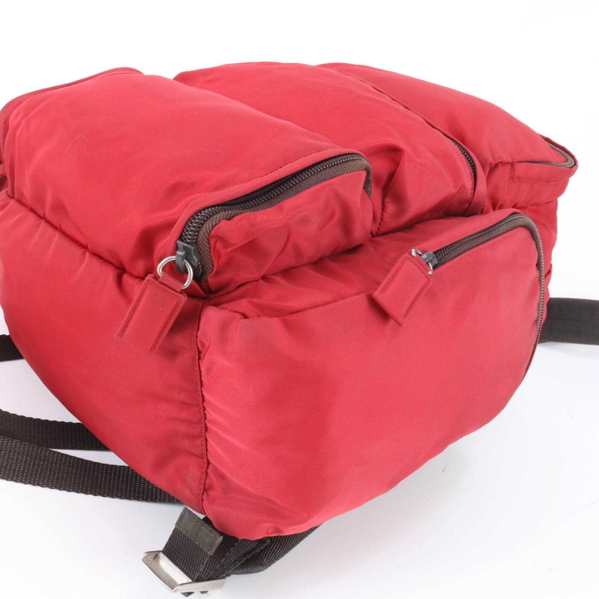 Prada Brown Red Color Nylon Leather Backpack Handbag (Pre-Owned)
