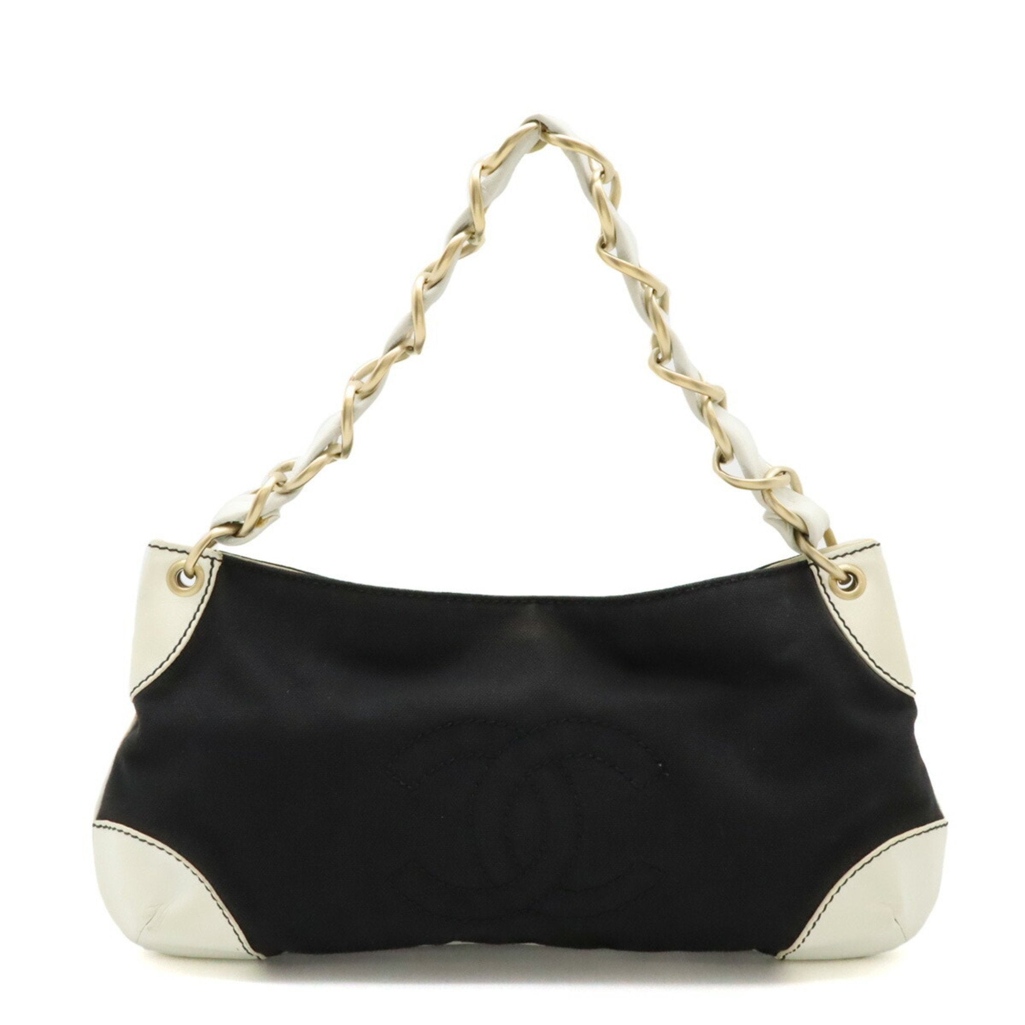 Chanel Black White Canvas Leather Shoulder Bag (Pre-Owned)