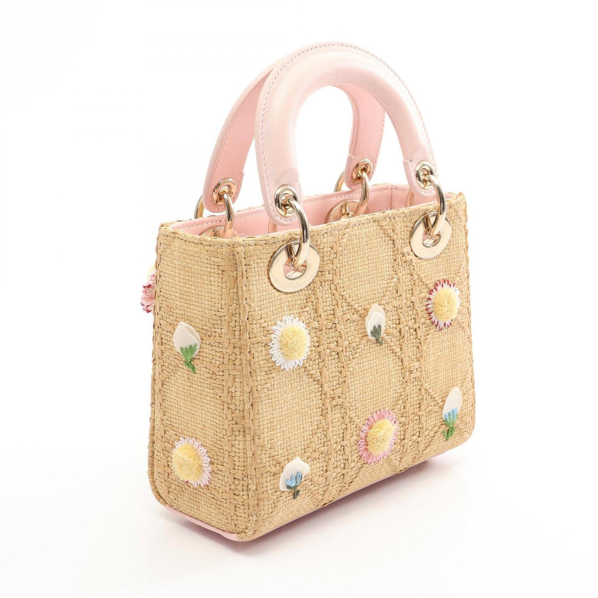 Christian Dior Beige Multi-Color Pink Leather Raffia Handbag (Pre-Owned)