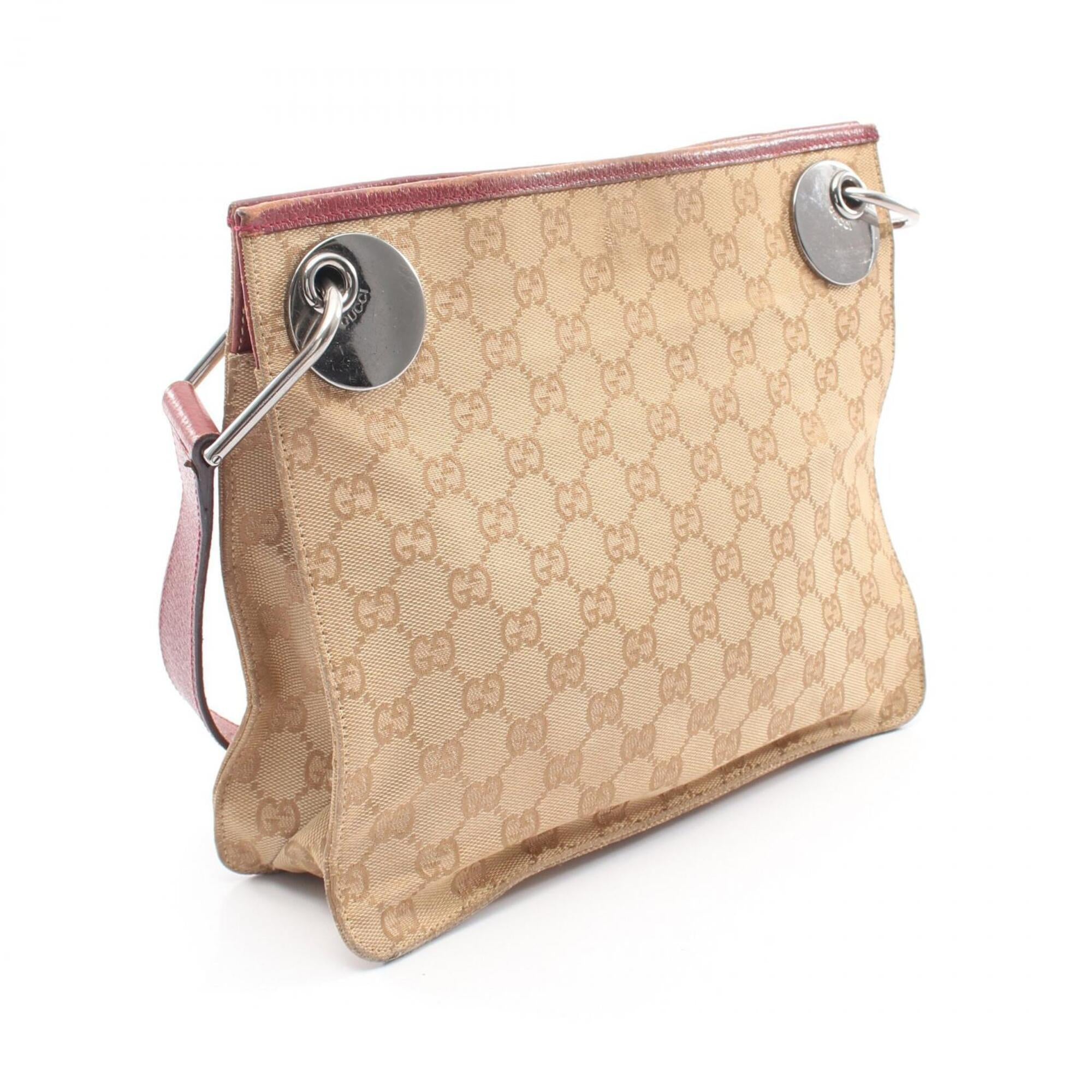 Gucci Gg Canvas Beige Bordeaux Gg Canvas Leather Handbag Shoulder Bag (Pre-Owned)