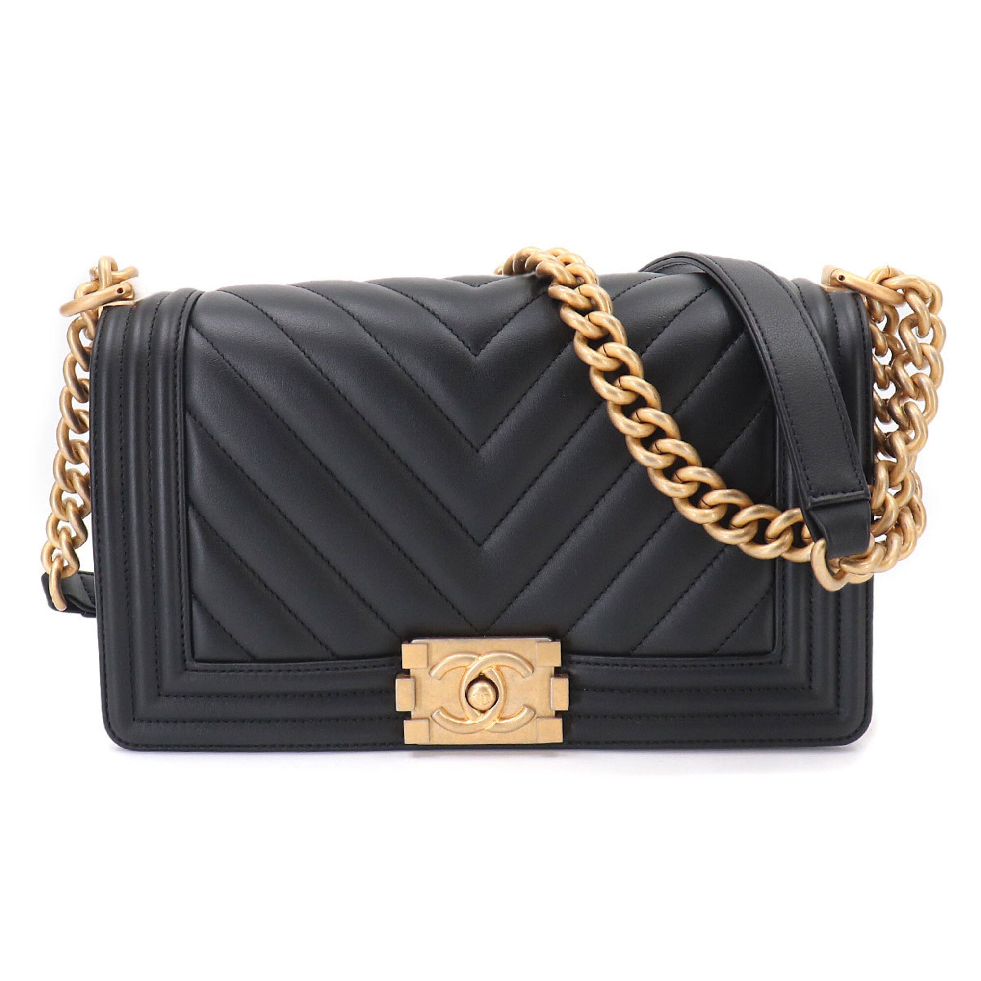 Chanel Chevron (V Stitch) Black Leather Handbag Shoulder Bag (Pre-Owned)