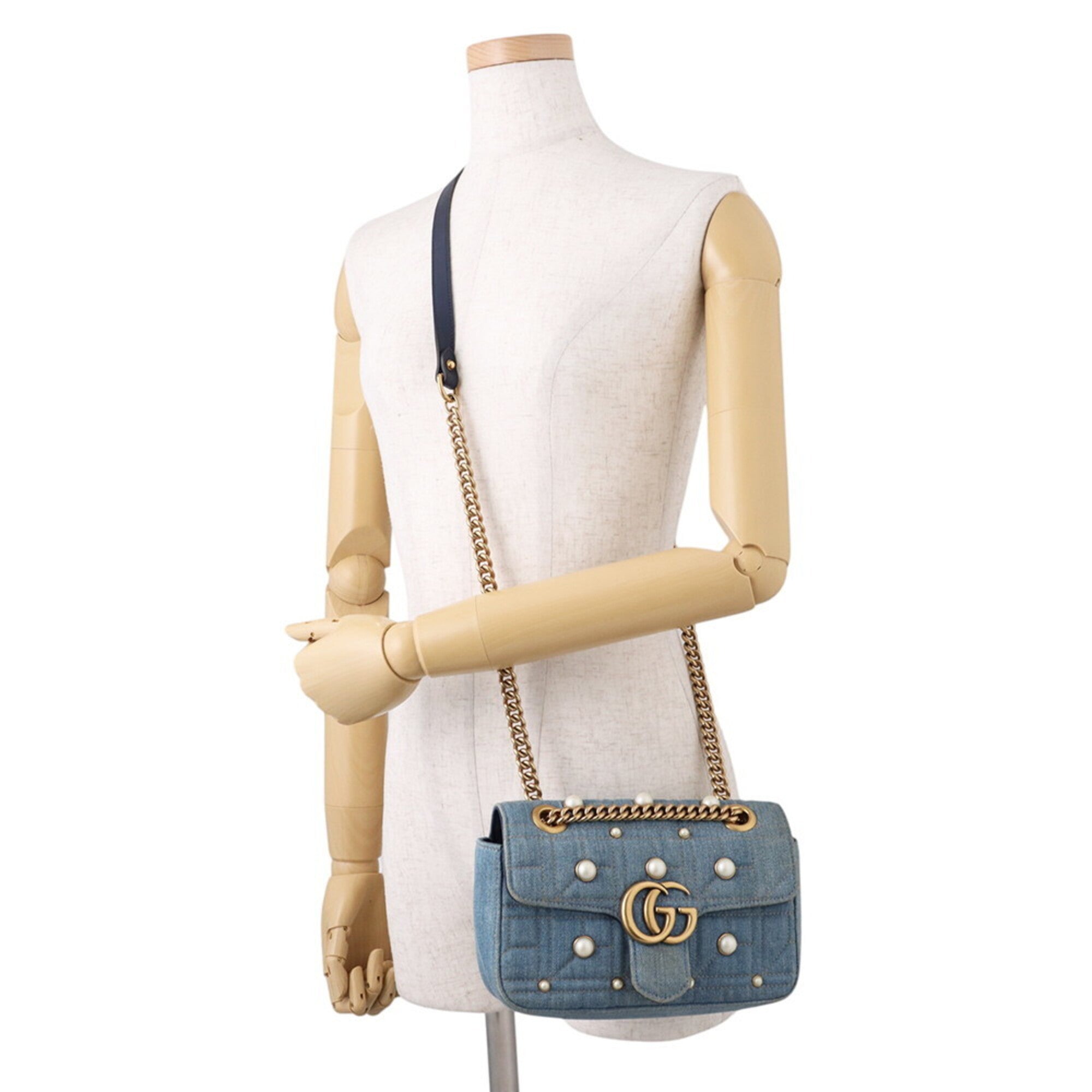 Gucci Gg Marmont Blue Denim Leather Handbag Shoulder Bag (Pre-Owned)