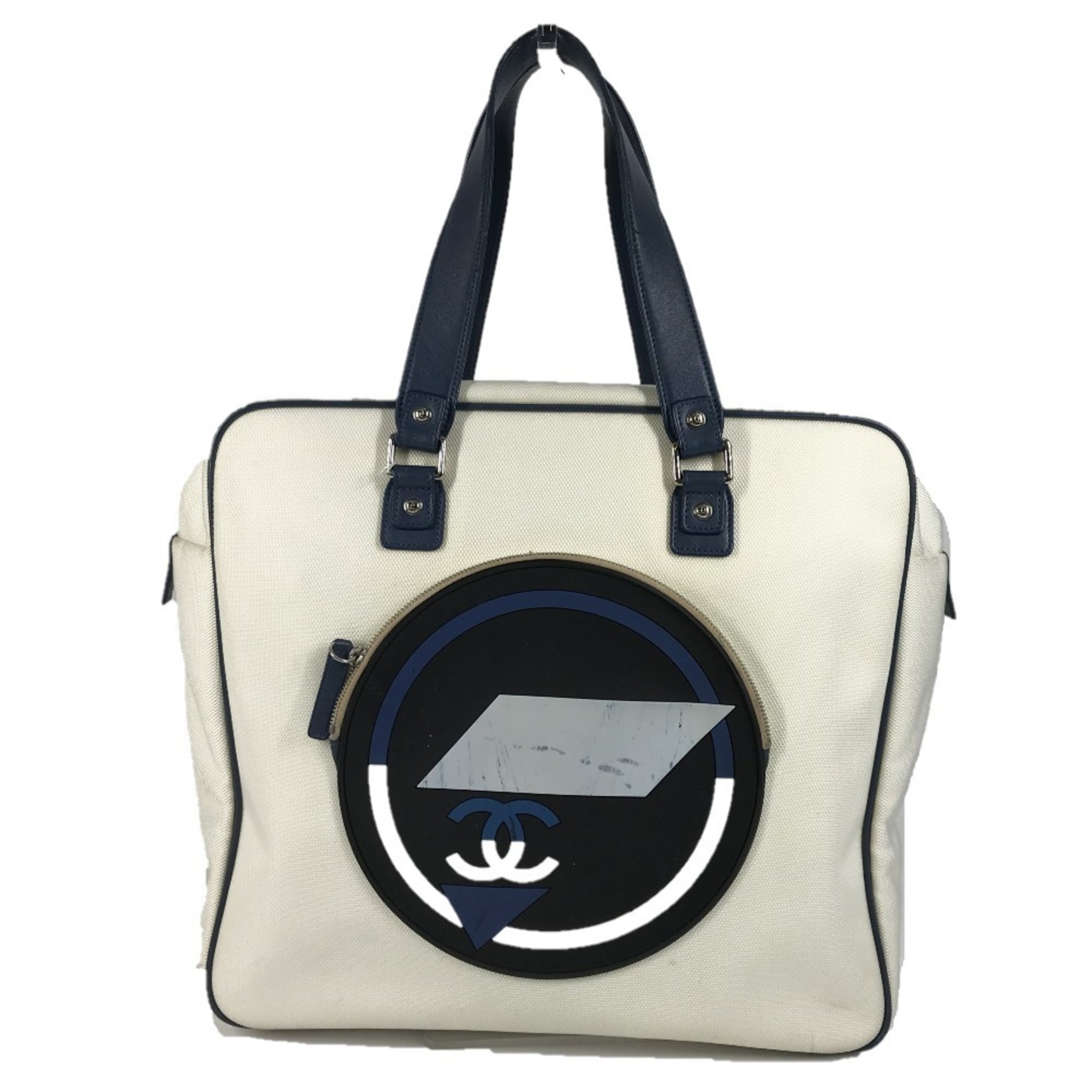 Chanel Blue White Leather Canvas Shoulder Bag Tote Bag (Pre-Owned)