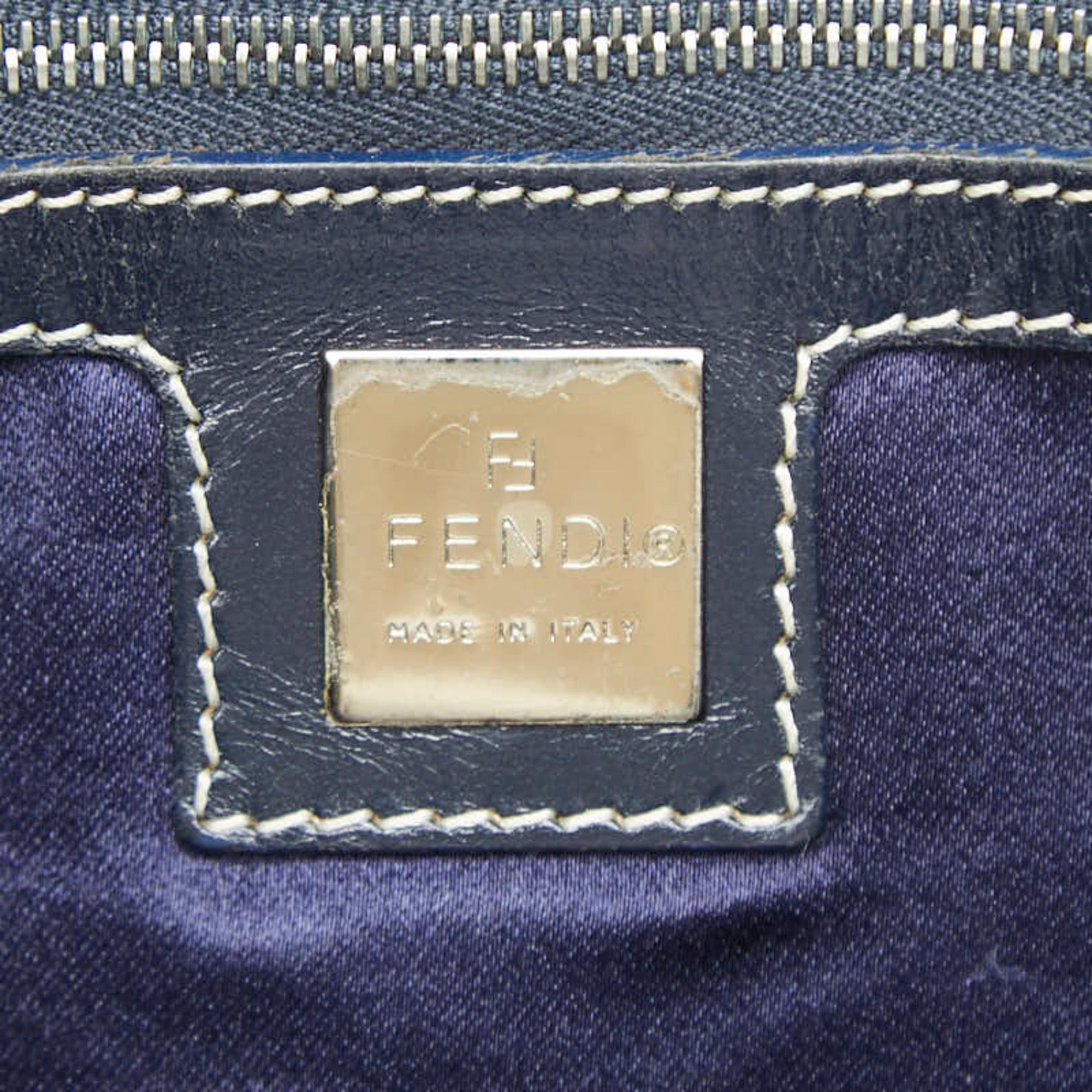 Fendi Gray Navy Canvas Leather Handbag Shoulder Bag Tote Bag (Pre-Owned)