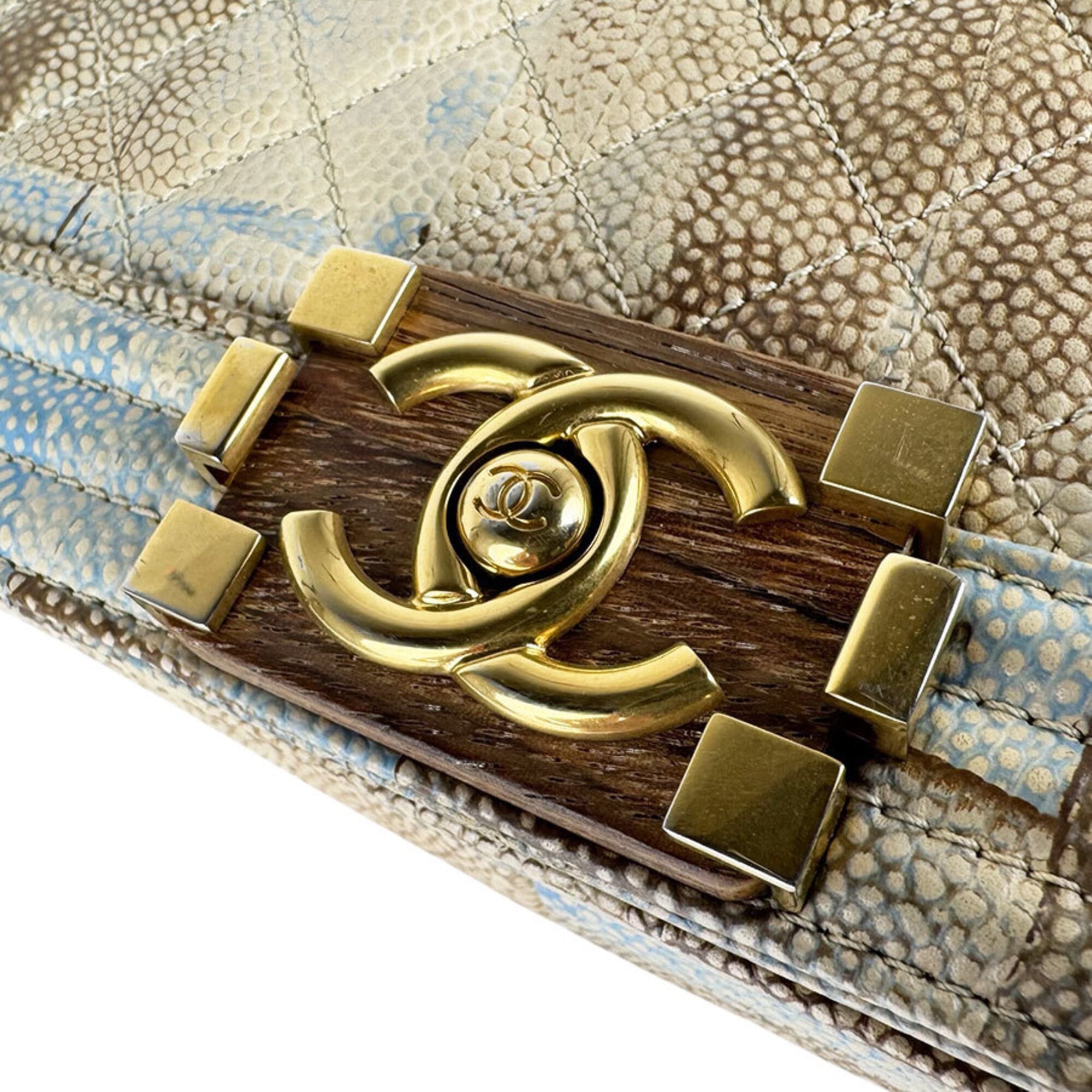Chanel Beige Blue Brown Grained Calfskin Shoulder Bag (Pre-Owned)