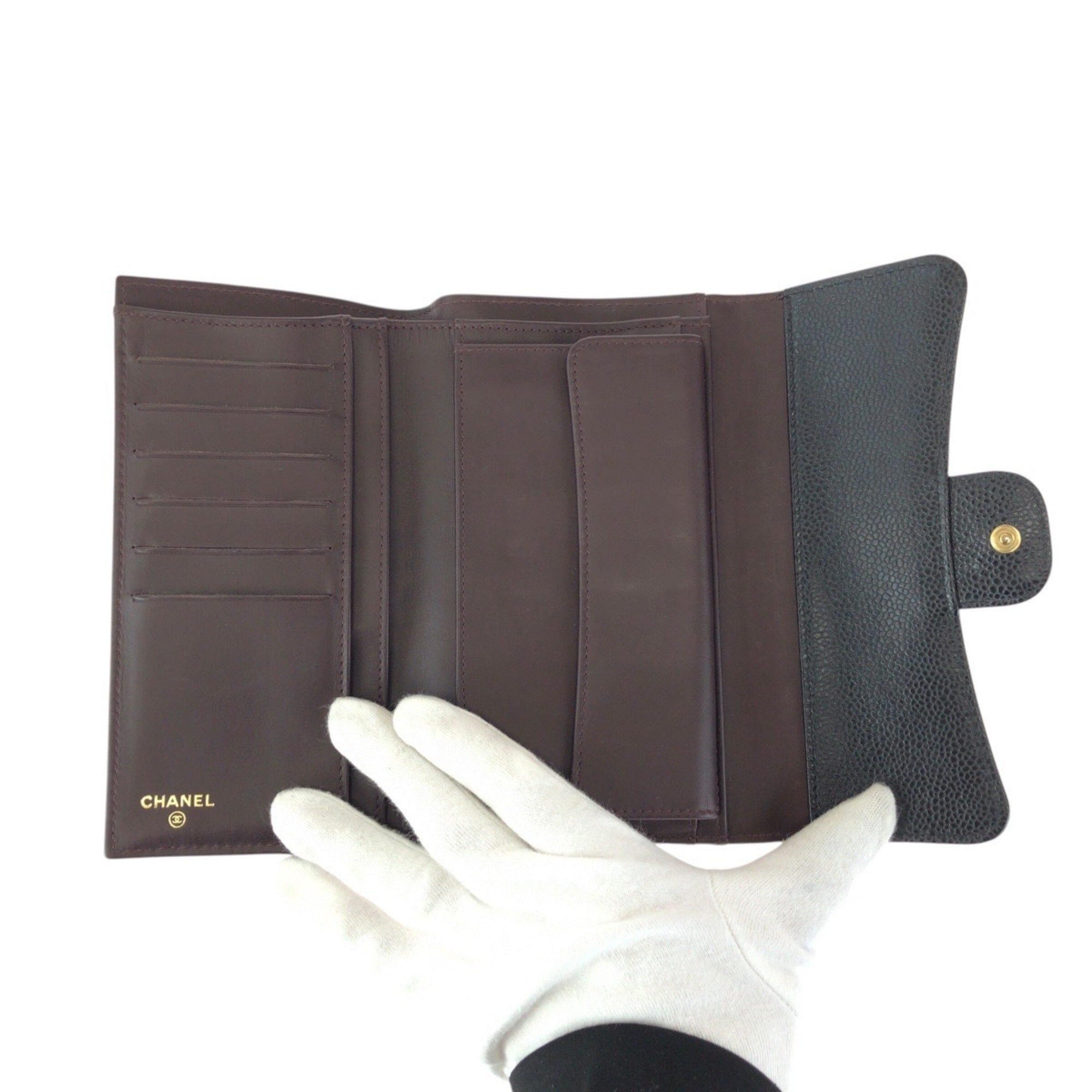 Chanel Black Grained Calfskin Long Wallet (Tri-Fold) (Pre-Owned)