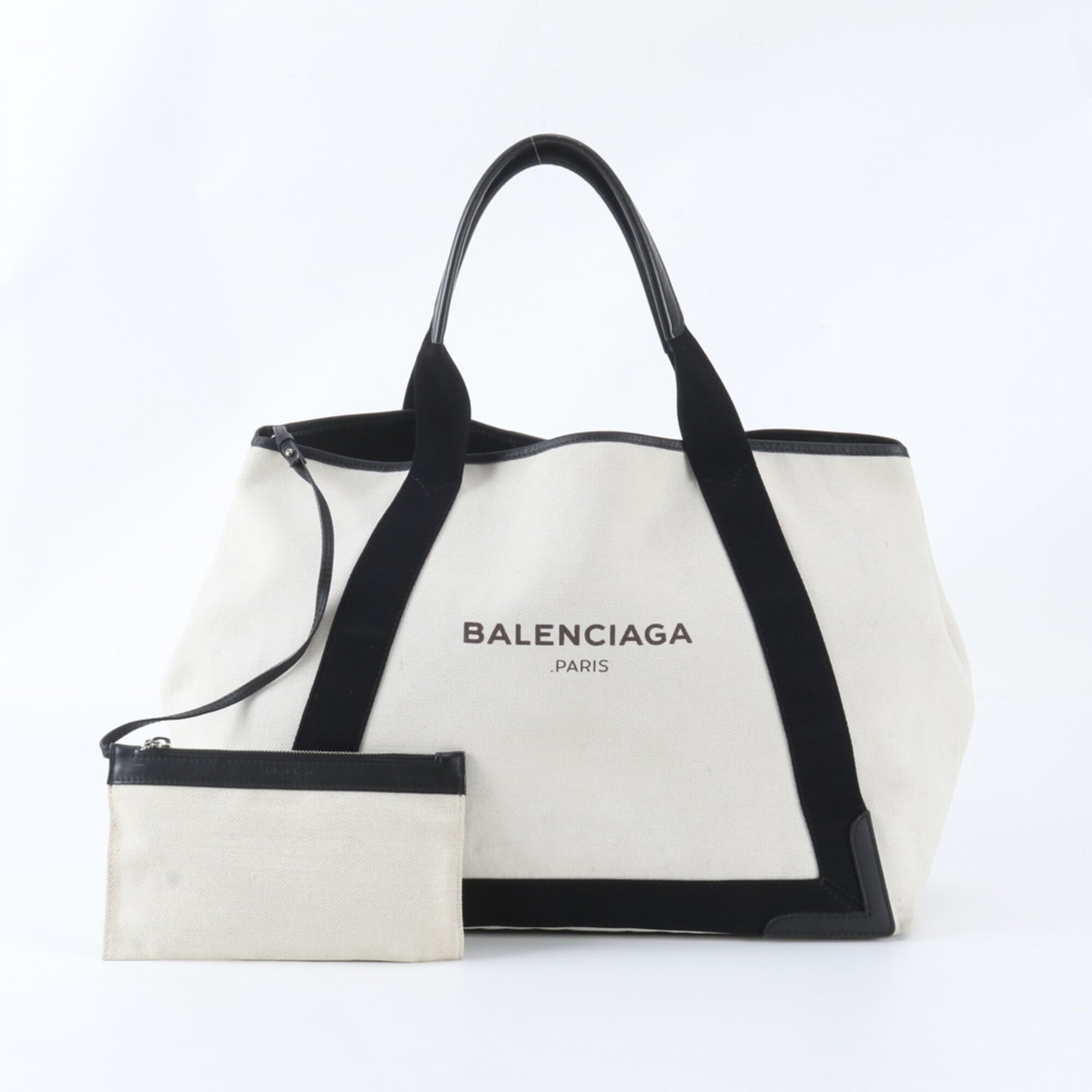 Balenciaga Beige Navy Canvas Leather Handbag Tote Bag (Pre-Owned)