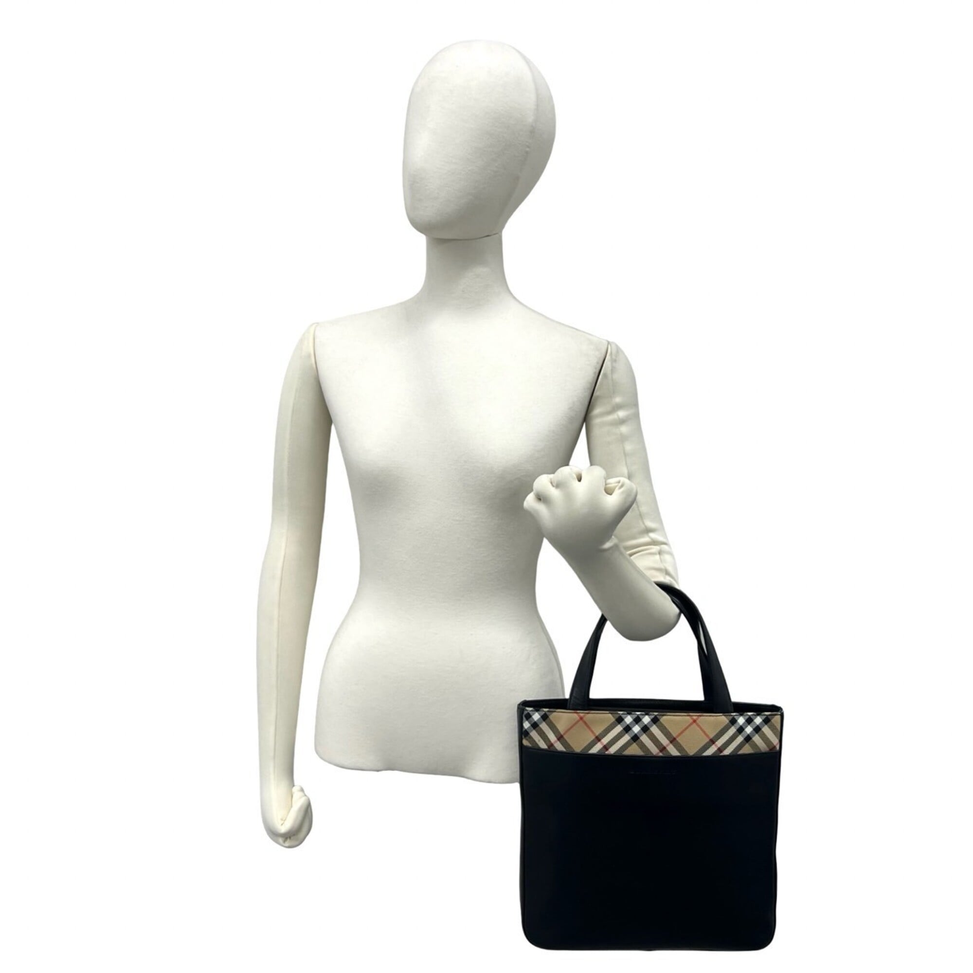 Burberry Beige Black Leather Canvas Handbag Tote Bag (Pre-Owned)