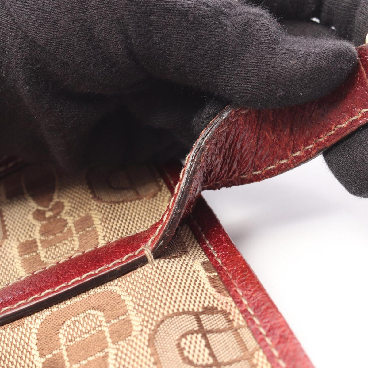 Gucci Beige Bordeaux Canvas Leather Handbag (Pre-Owned)