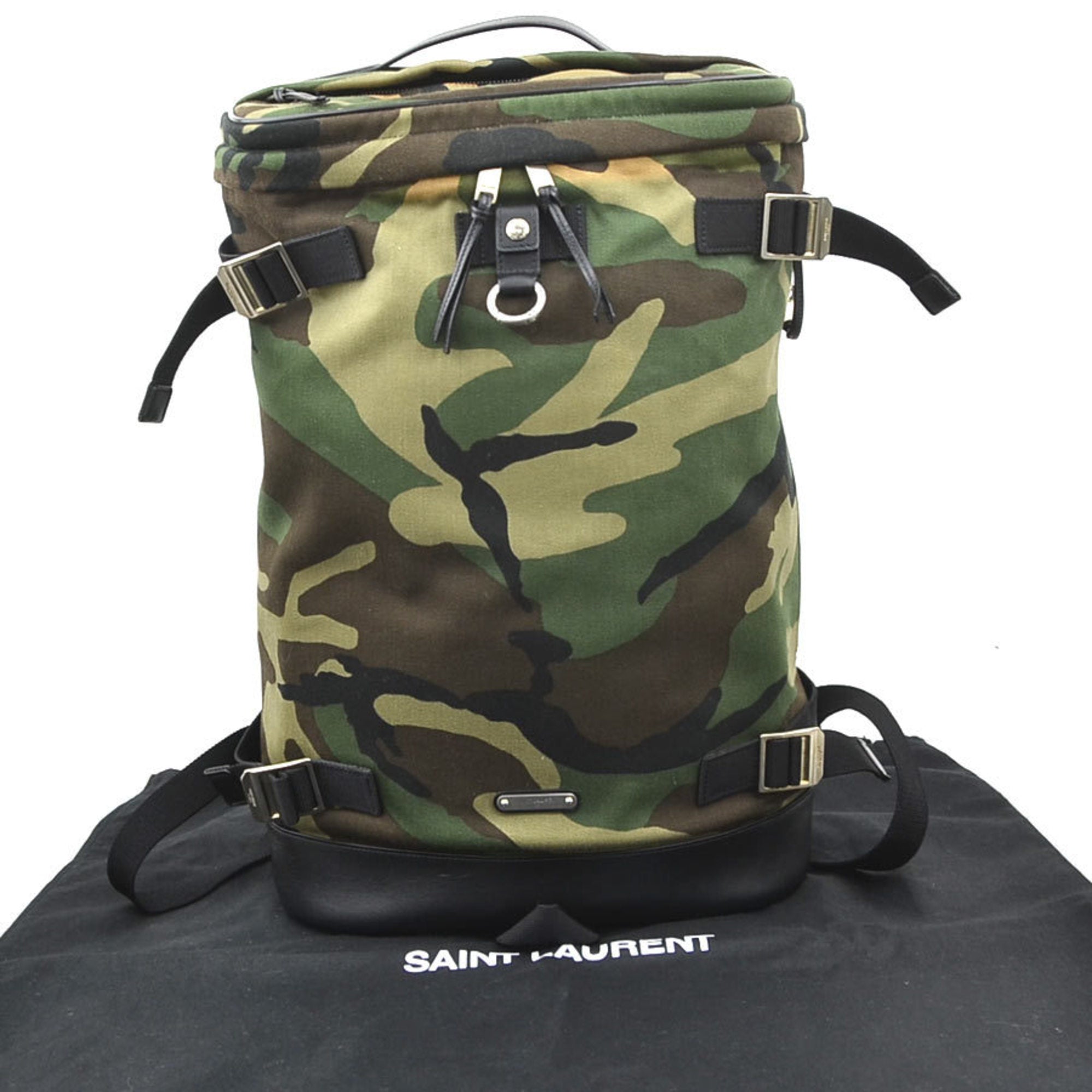 Saint Laurent Black Khaki Canvas Leather Backpack (Pre-Owned)