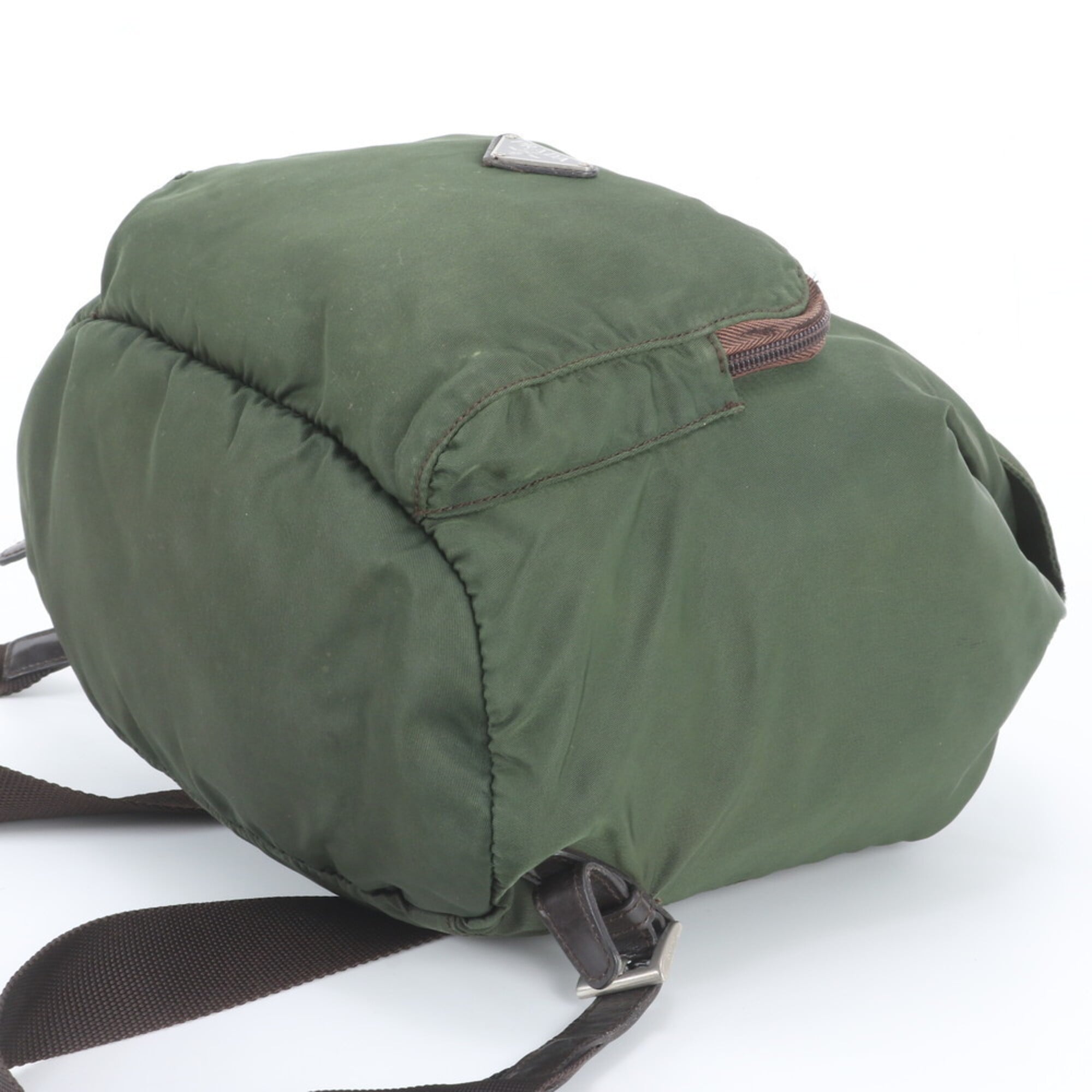 Prada Brown Green Khaki Leather Nylon Backpack (Pre-Owned)