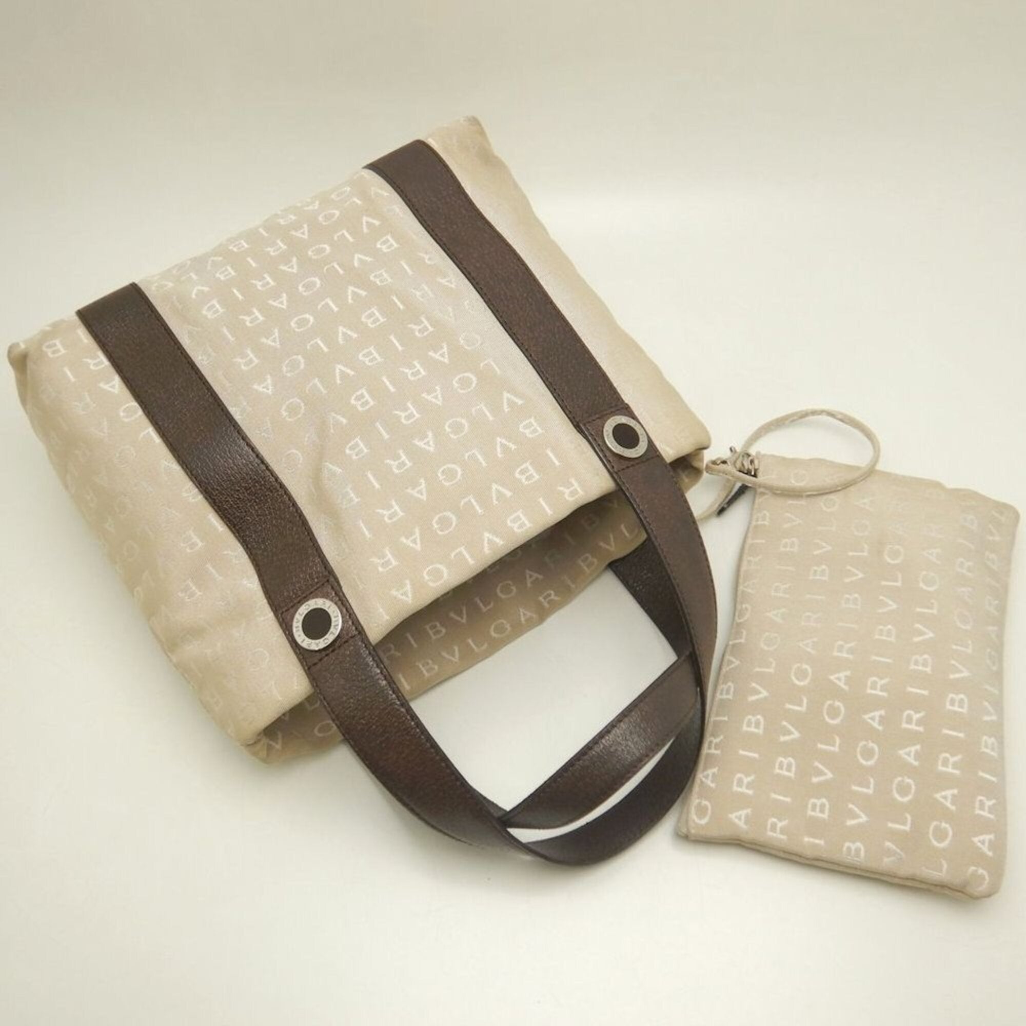 Bvlgari Logomania Beige Brown Canvas Leather Tote Bag (Pre-Owned)