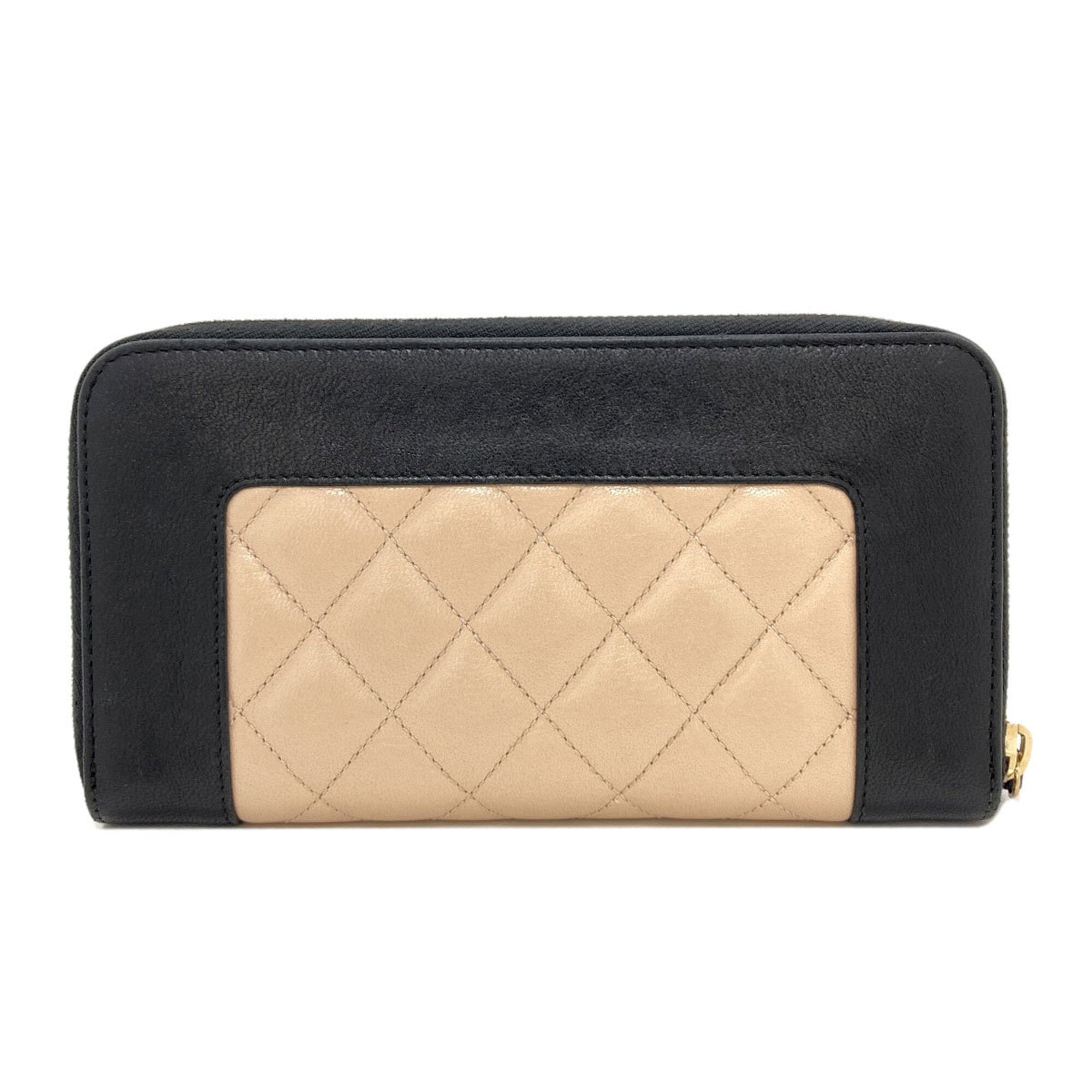 Chanel Beige Black Leather Long Wallet (Bi-Fold) (Pre-Owned)