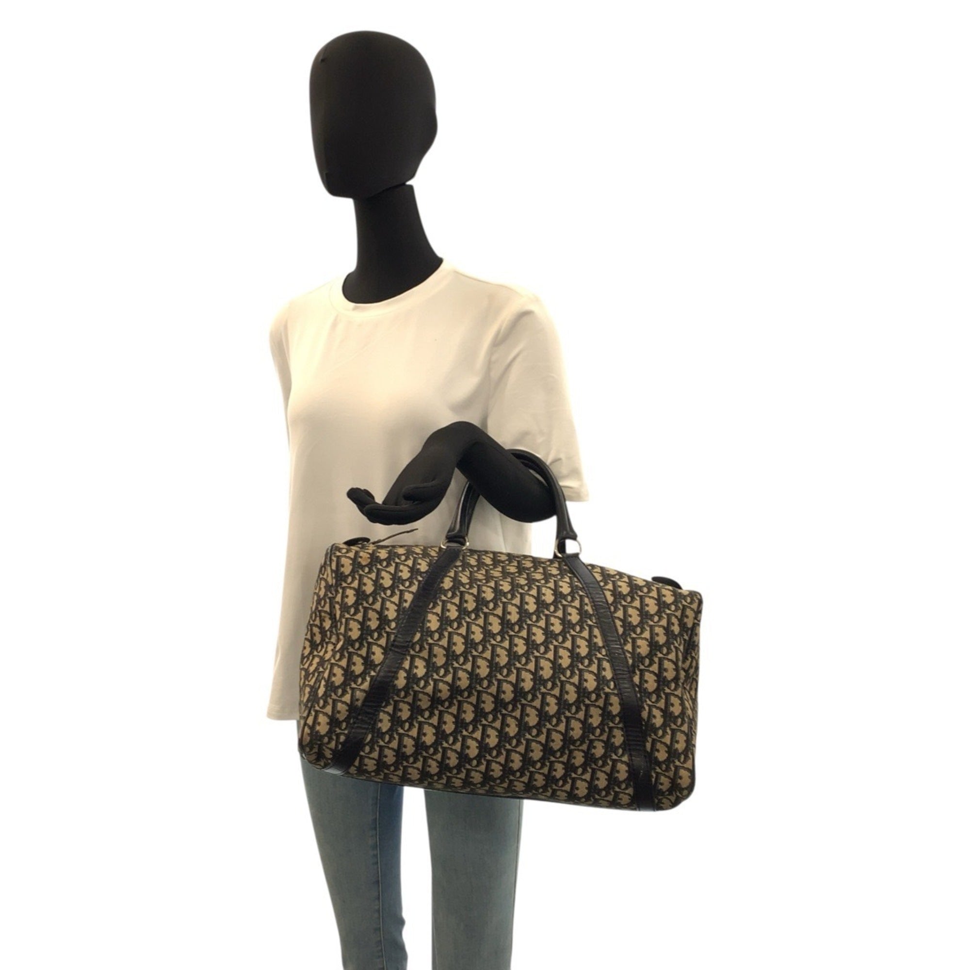 Christian Dior Beige Navy Canvas Leather Boston Bag Handbag (Pre-Owned)