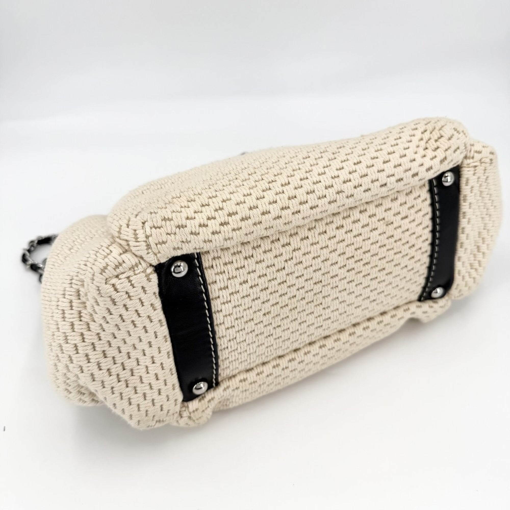 Chanel Beige Black Leather Canvas Handbag (Pre-Owned)