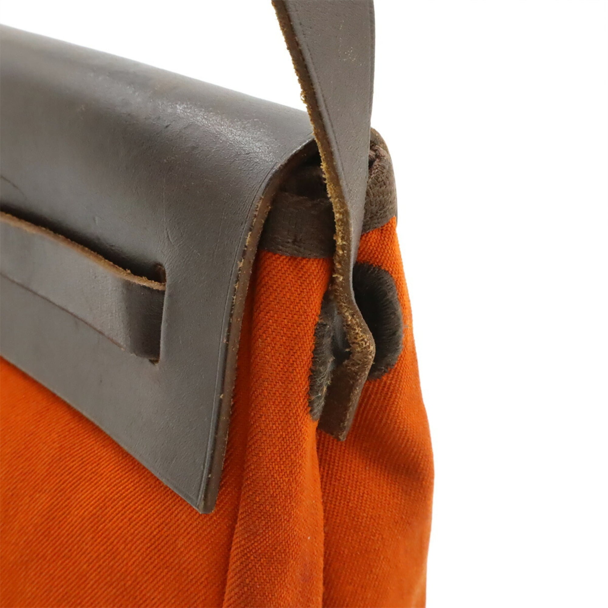 Hermes Her Bag Dark Brown Orange Toile Officier Leather Pochette Shoulder Bag (Pre-Owned)
