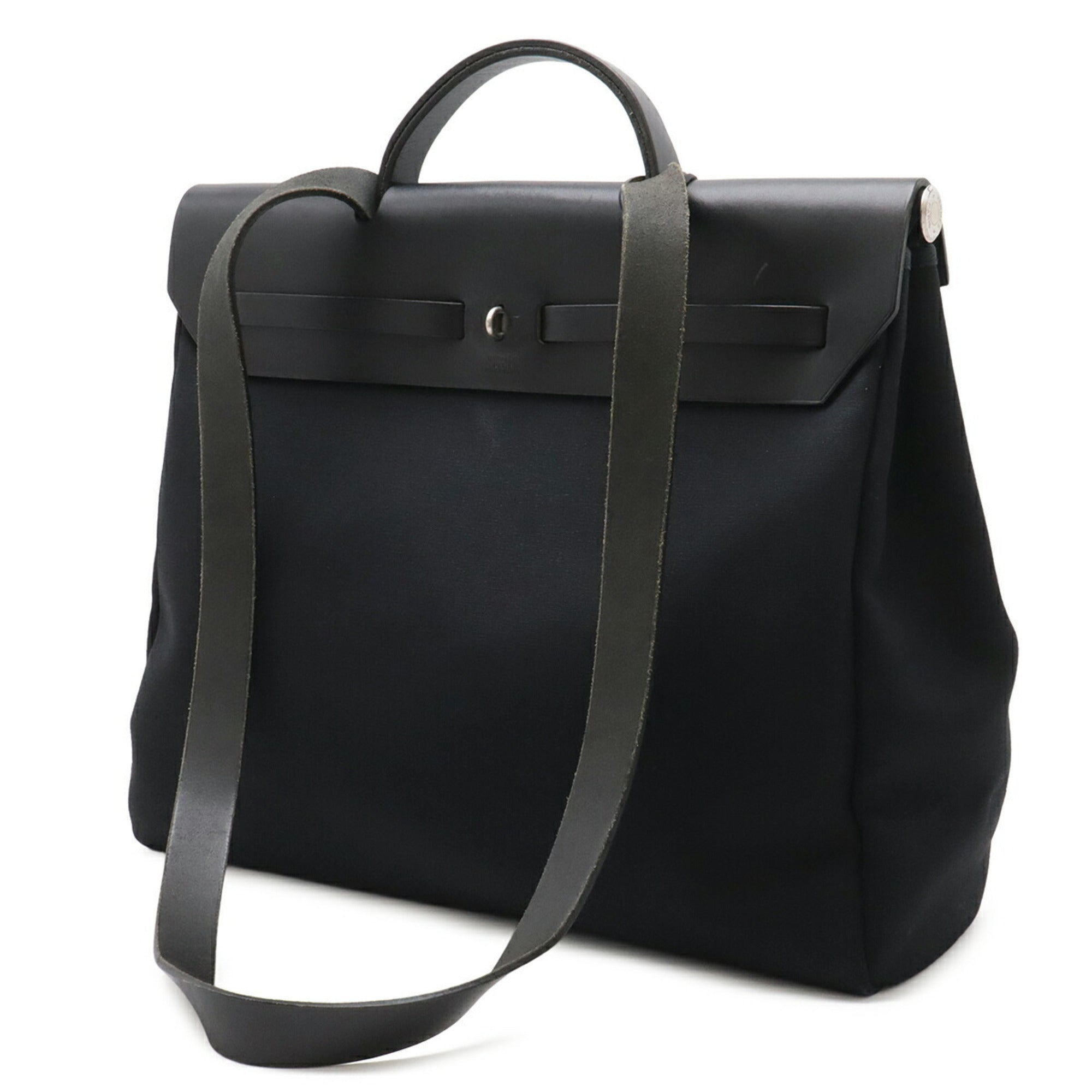 Hermes Her Bag Black Toile Officier Leather Handbag Shoulder Bag (Pre-Owned)