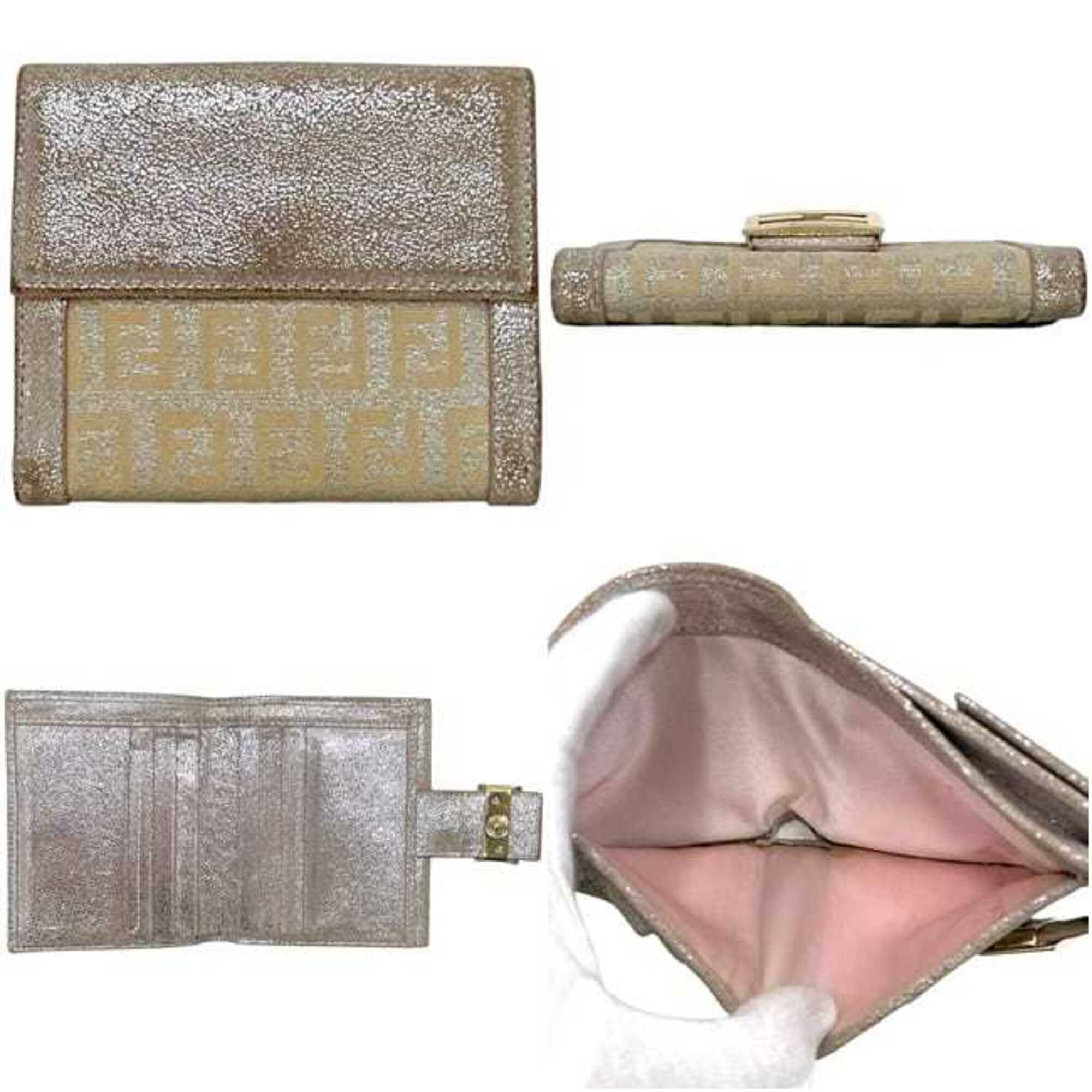 Fendi Beige Metallic Pink Canvas Leather Wallet (Bi-Fold) (Pre-Owned)