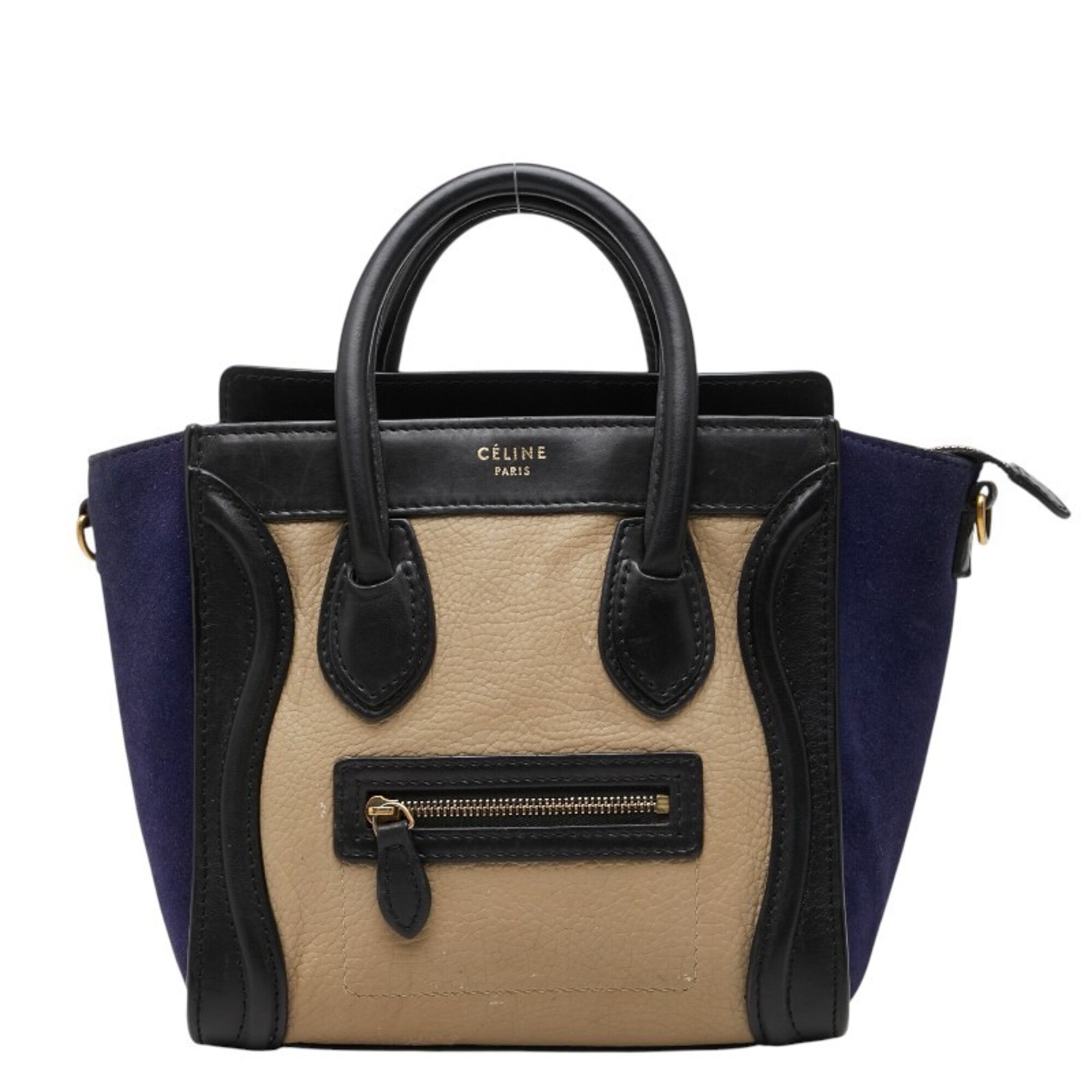 Celine Beige Black Navy Suede Leather Handbag (Pre-Owned)