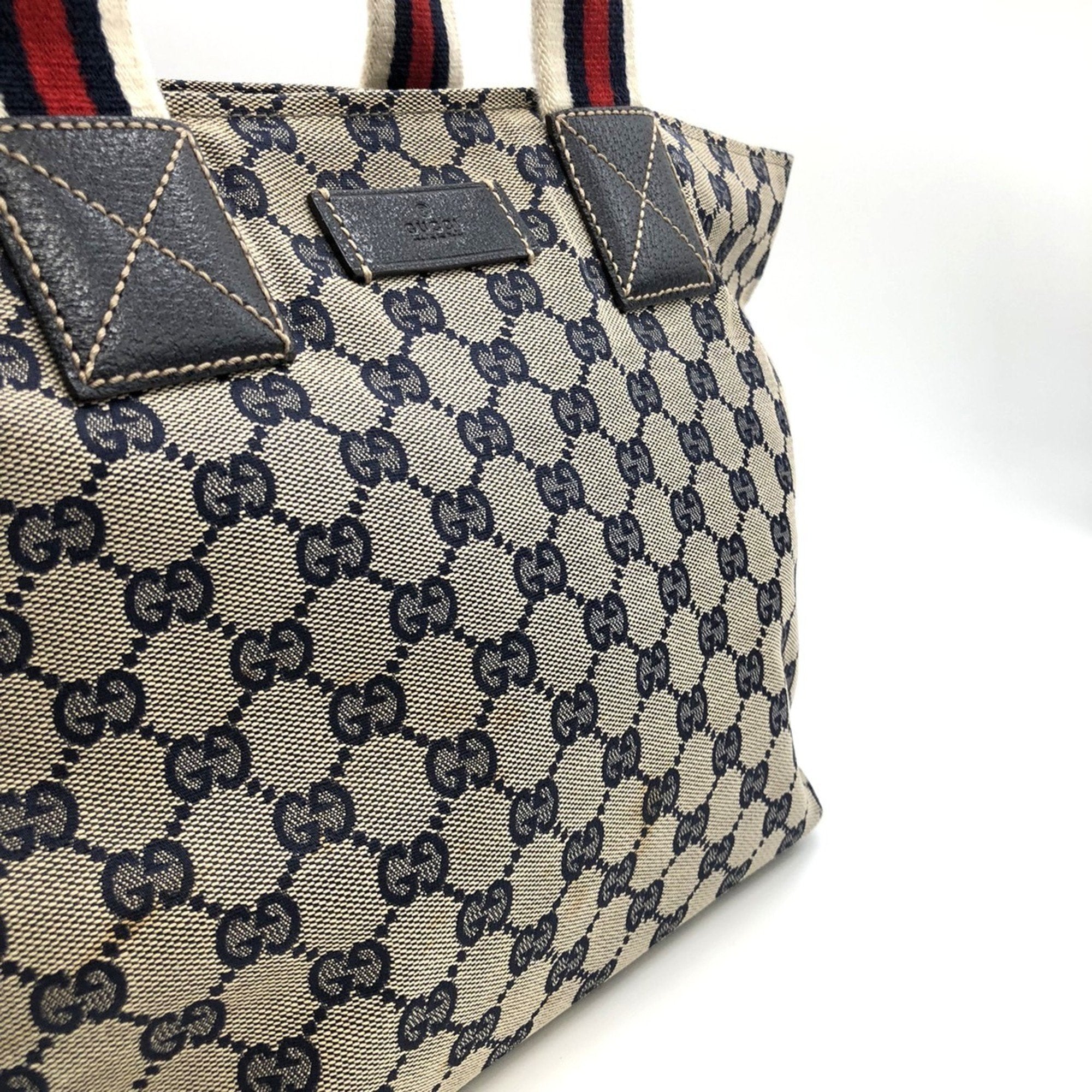 Gucci Gg Canvas Navy Gg Canvas Leather Tote Bag (Pre-Owned)