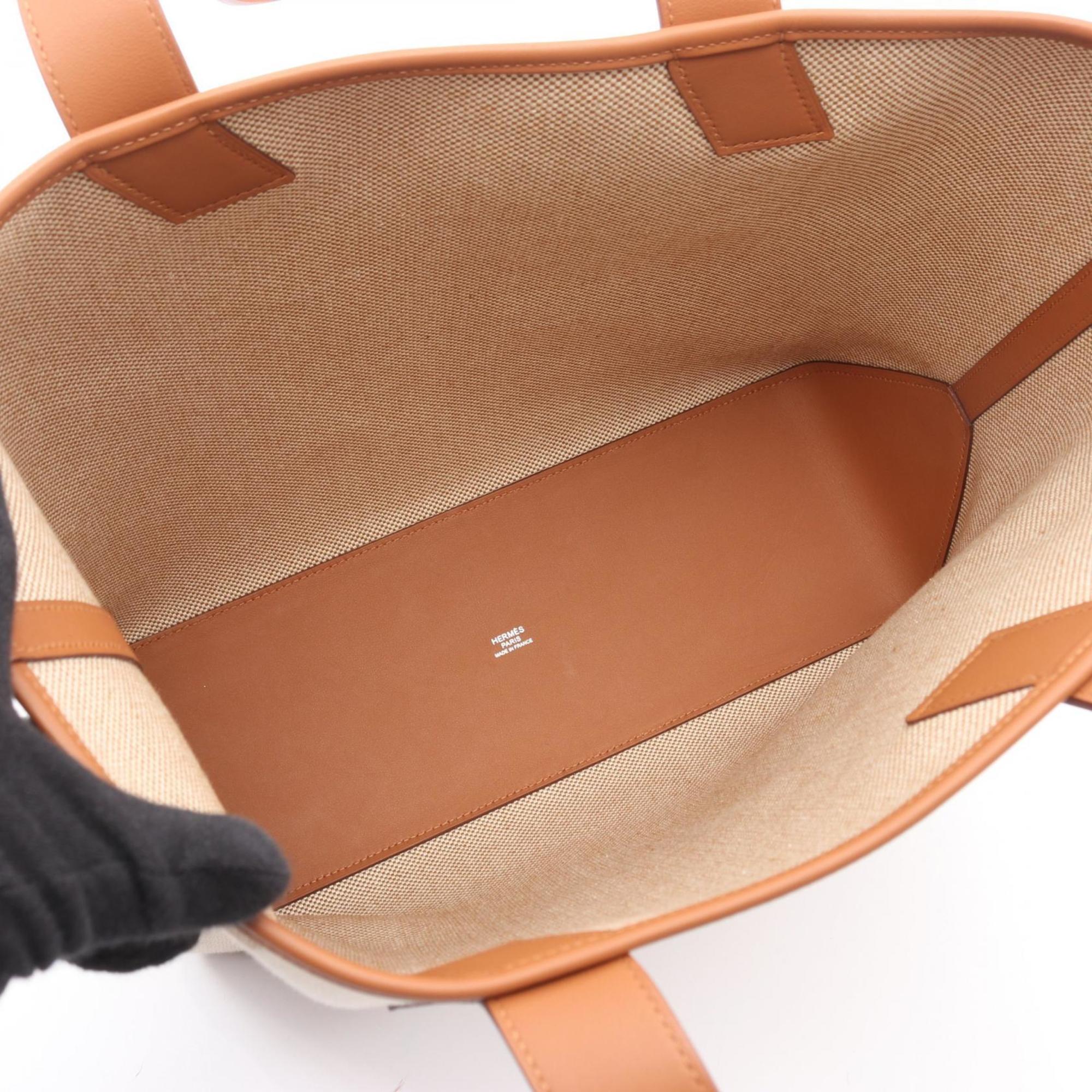 Hermes Beige Brown Canvas Toile H Swift Leather Tote Bag (Pre-Owned)