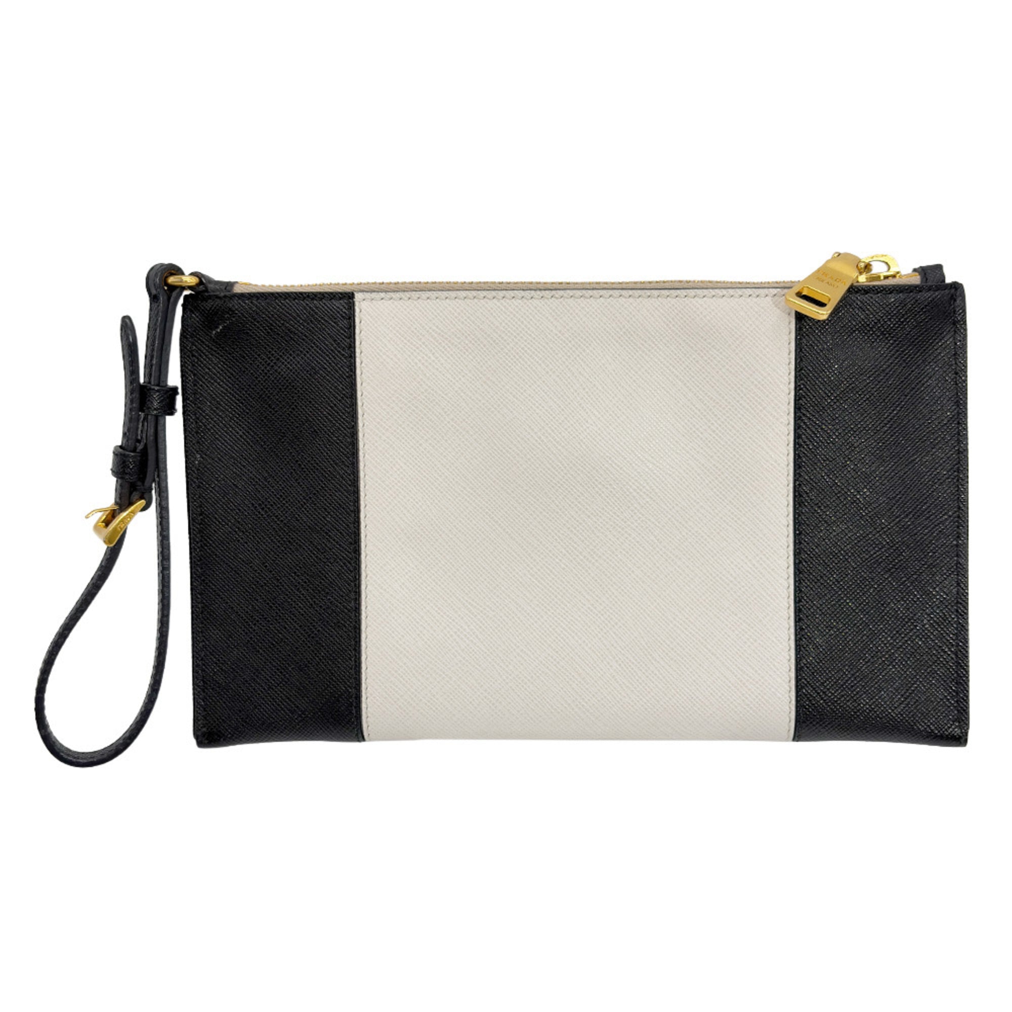 Prada Black White Leather Clutch Bag Handbag Pouch (Pre-Owned)