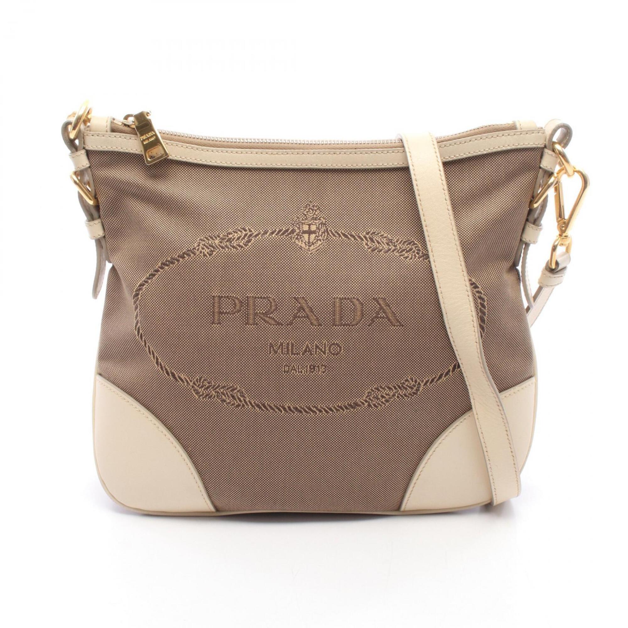 Prada Beige Ivory Canvas Leather Handbag Shoulder Bag (Pre-Owned)