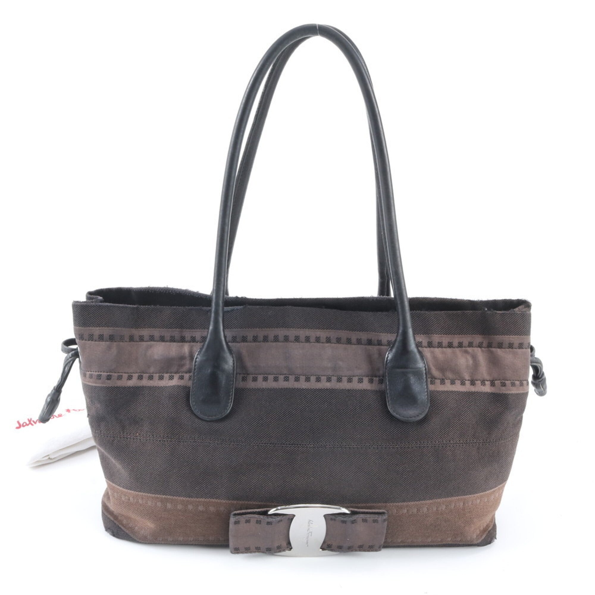 Salvatore Ferragamo Black Brown Leather Canvas Handbag (Pre-Owned)
