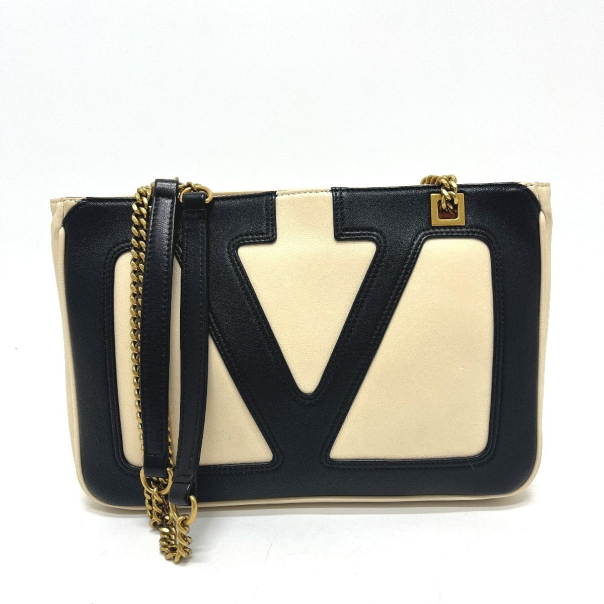 Valentino Beige Black Leather Handbag Shoulder Bag (Pre-Owned)