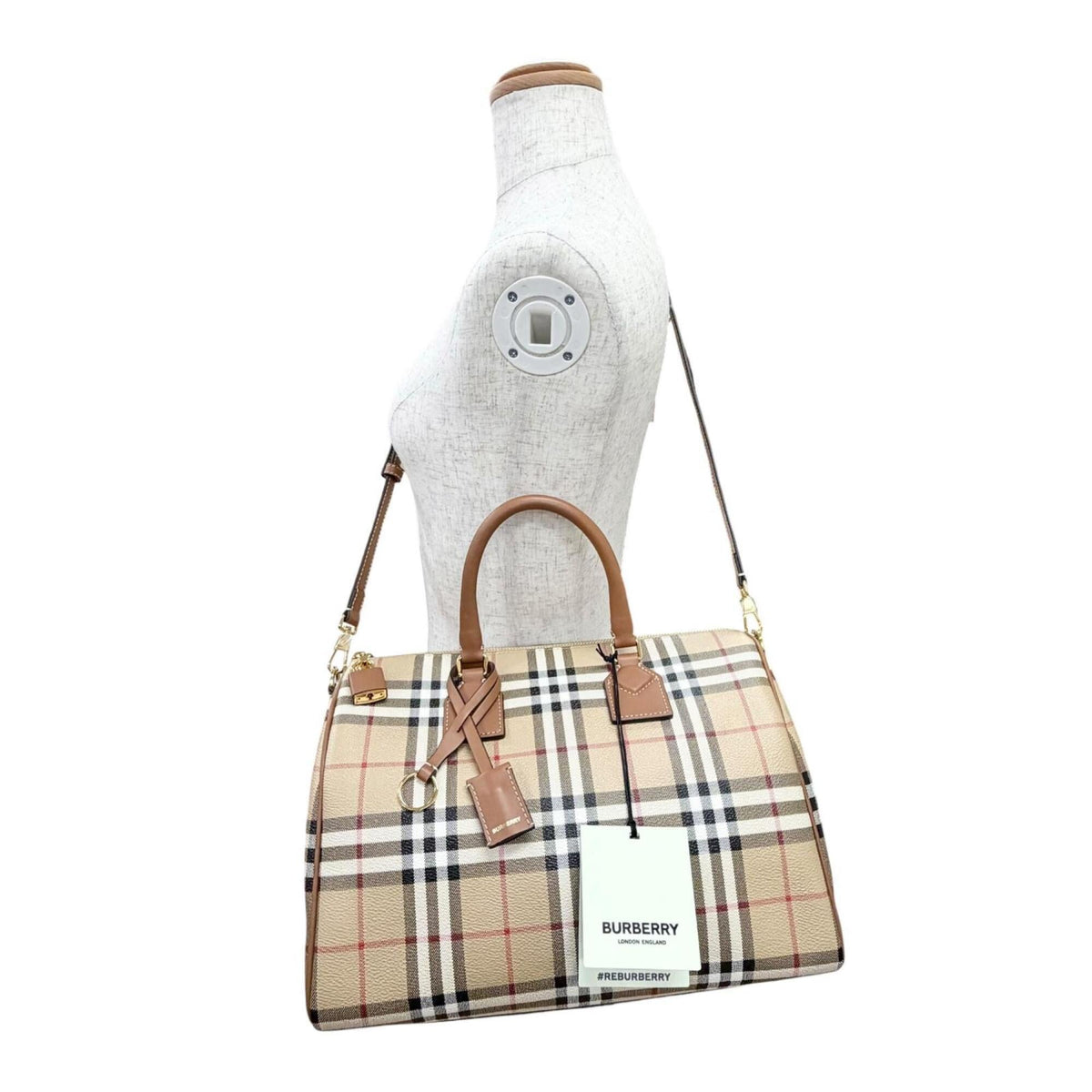 Burberry Beige Brown Leather Cotton Elastane Polyester Boston Bag Shoulder Bag (Pre-Owned)