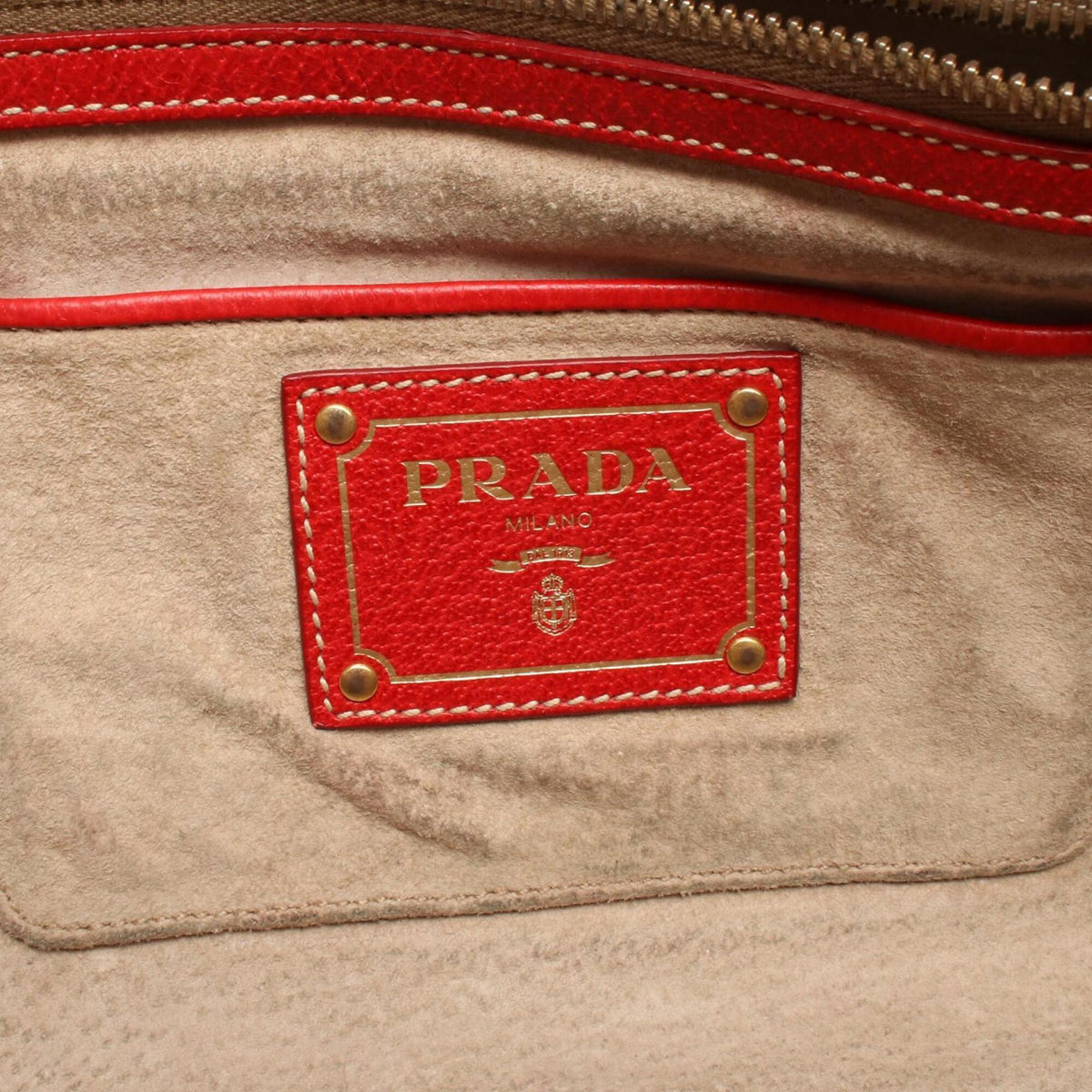 Prada Beige Red Color Canvas Leather Handbag (Pre-Owned)