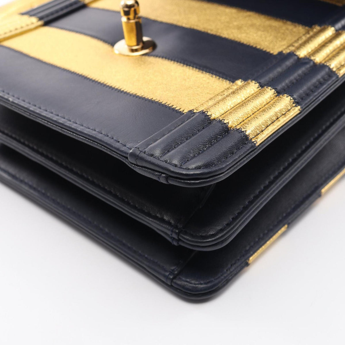 Chanel Gold Navy Leather Handbag Shoulder Bag (Pre-Owned)