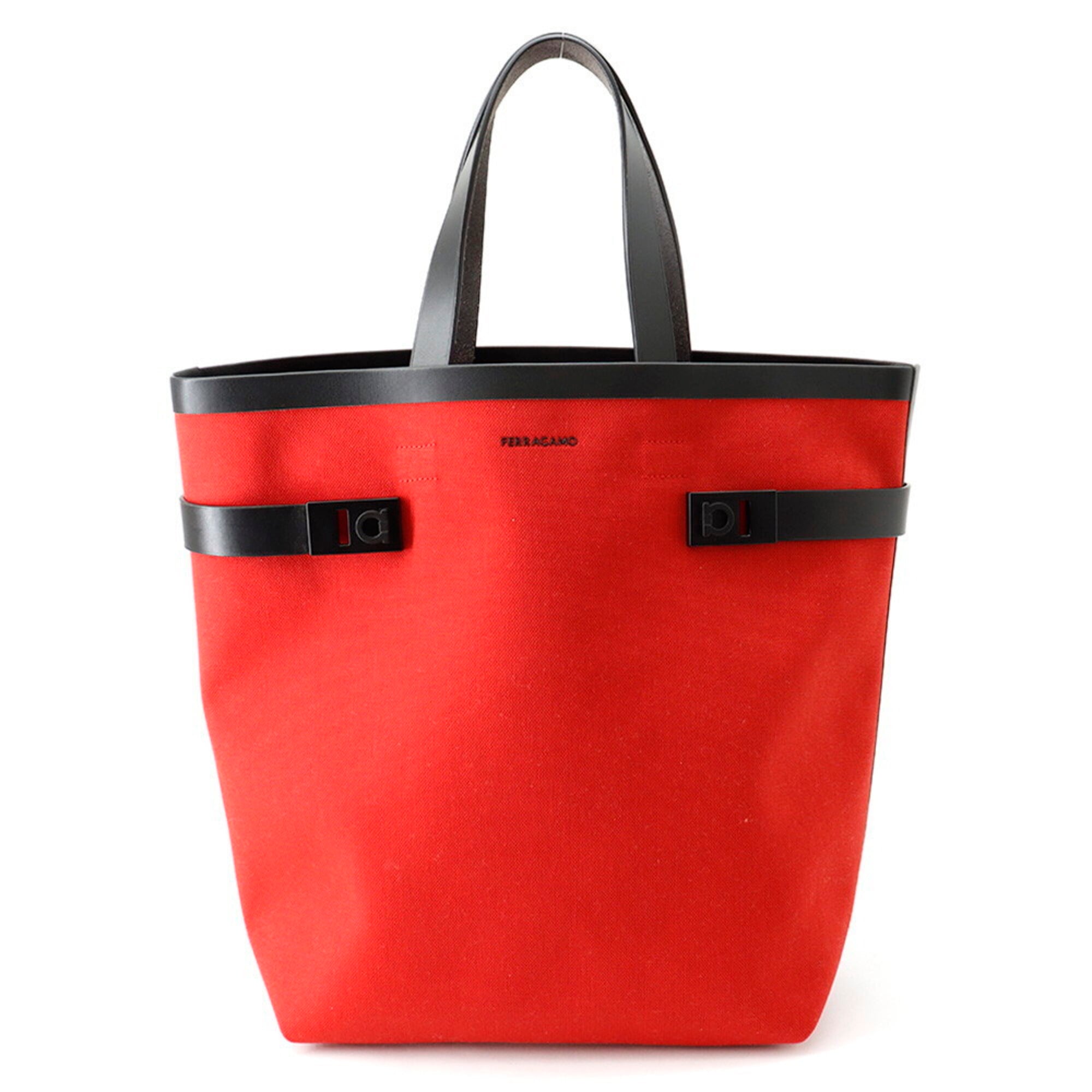 Salvatore Ferragamo Black Red Color Canvas Leather Tote Bag (Pre-Owned)