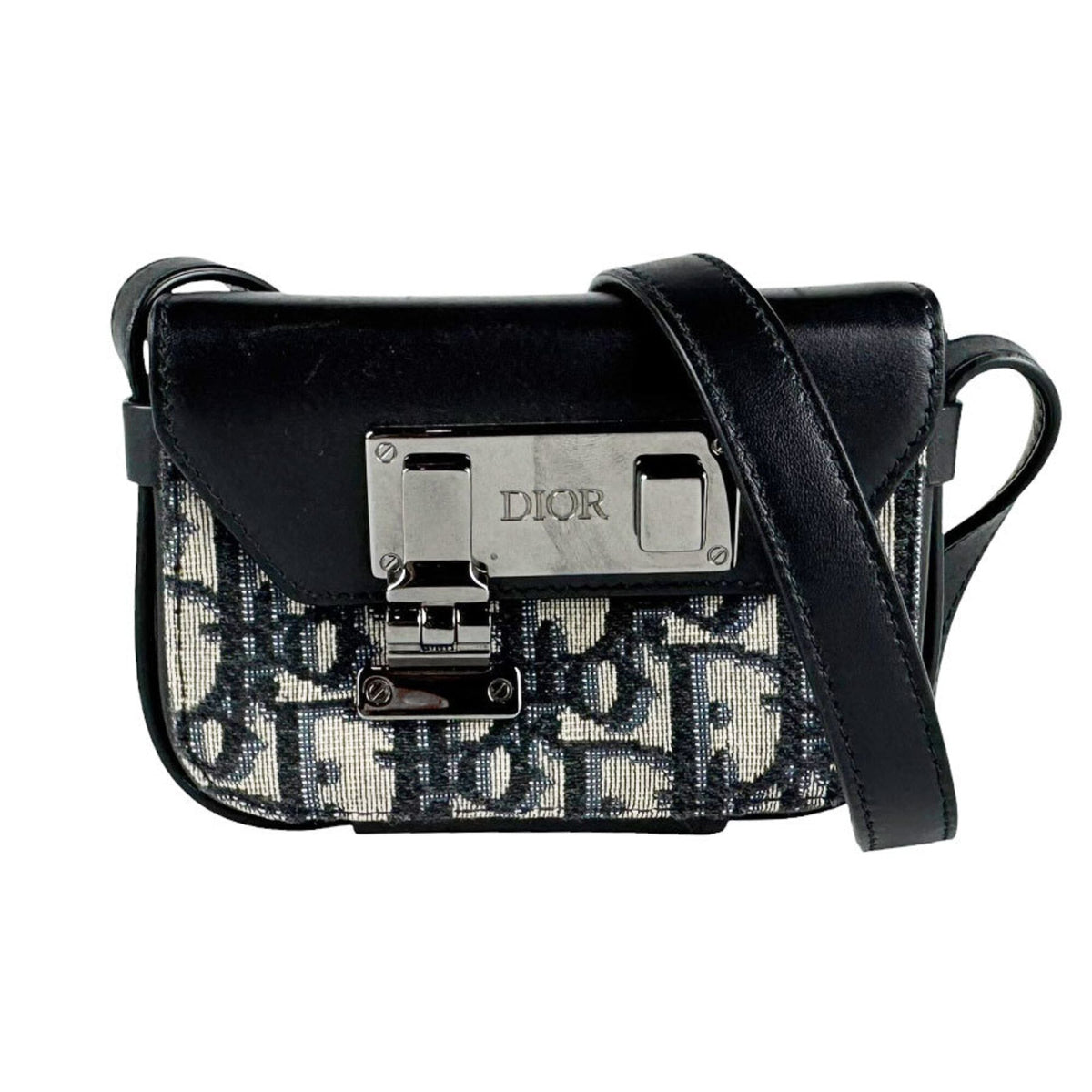 Christian Dior Black Navy Leather Canvas Shoulder Bag (Pre-Owned)