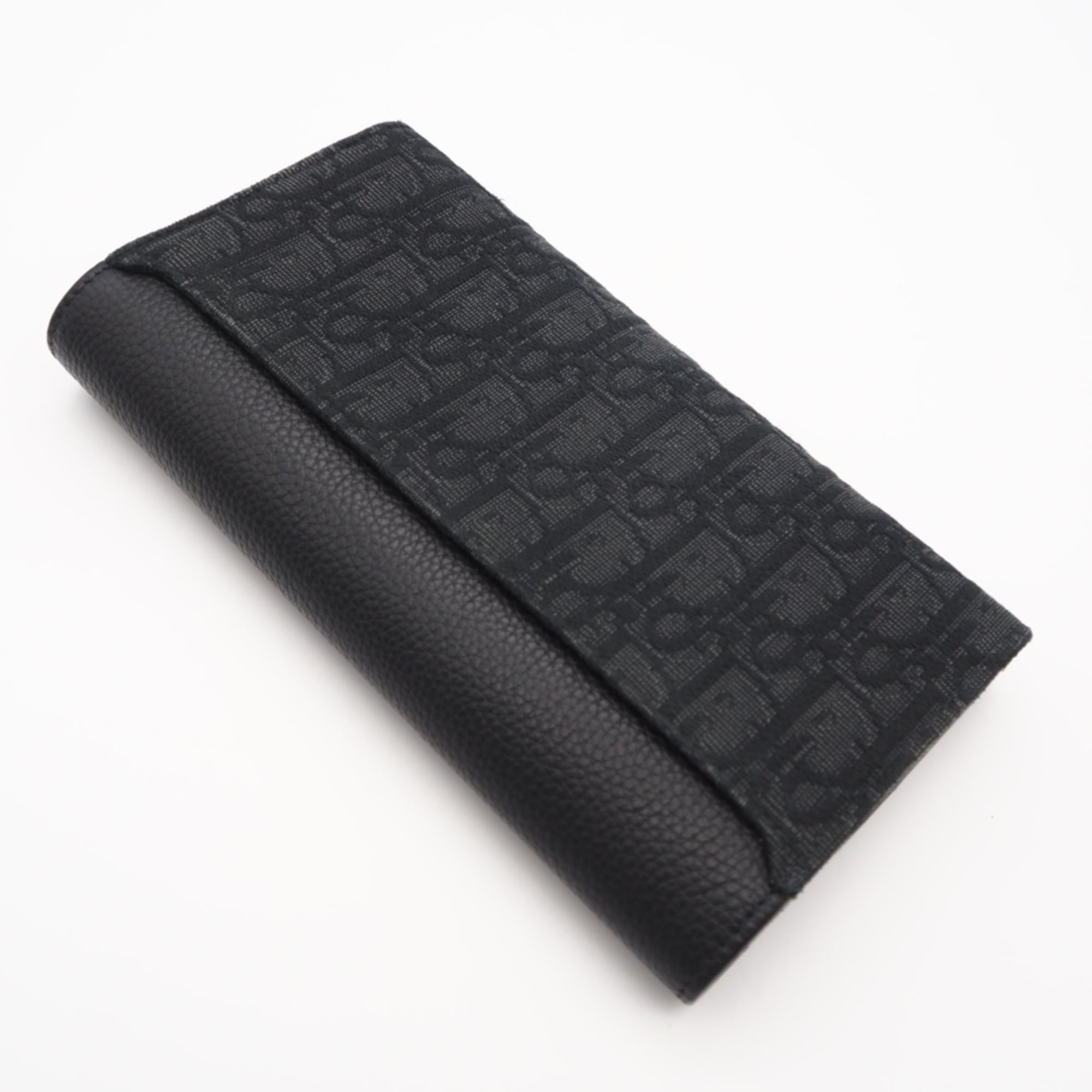 Christian Dior Black Gray Leather Canvas Long Wallet (Bi-Fold) (Pre-Owned)