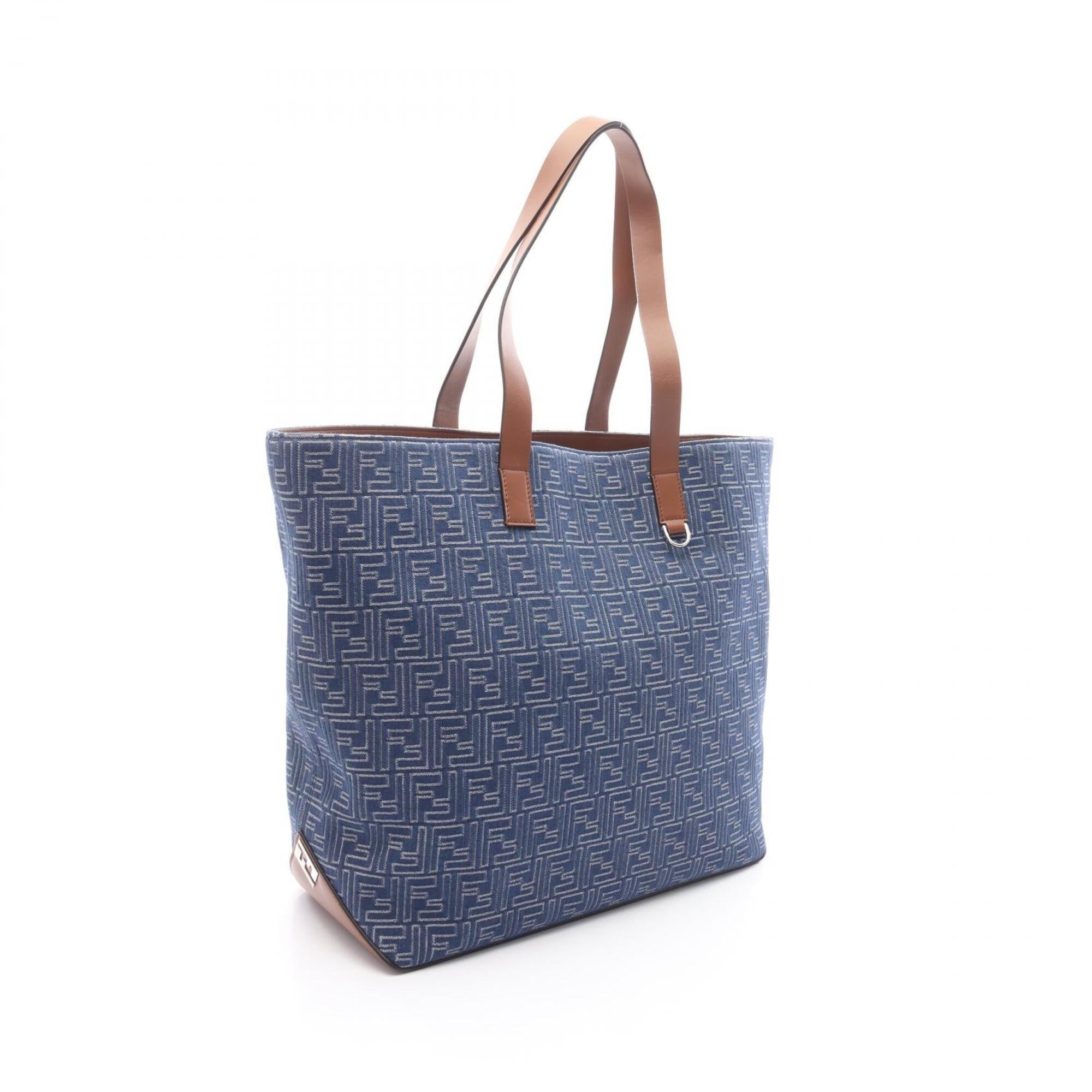 Fendi Blue Brown Canvas Leather Handbag Tote Bag (Pre-Owned)