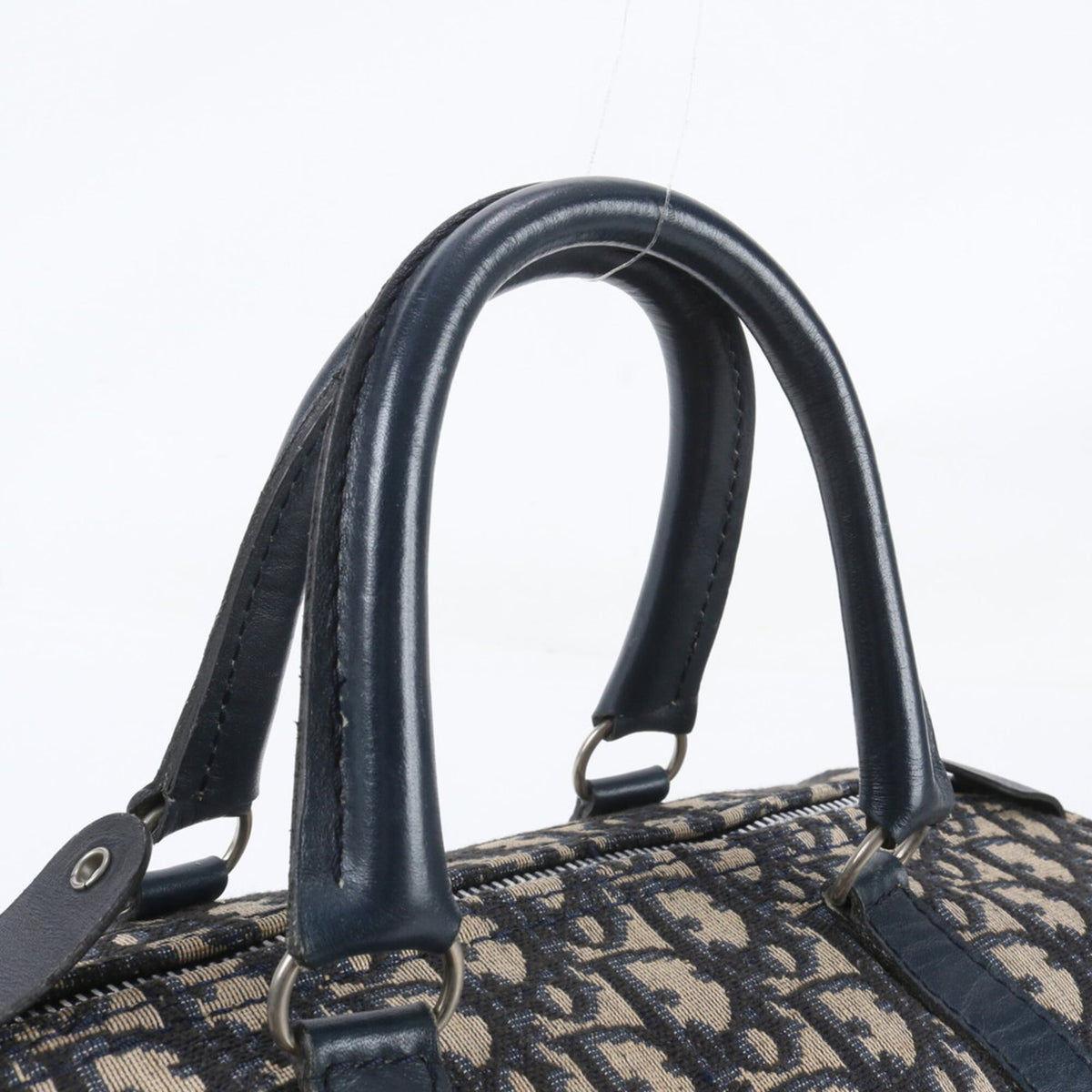 Christian Dior Navy Leather Canvas Boston Bag Handbag Tote Bag (Pre-Owned)