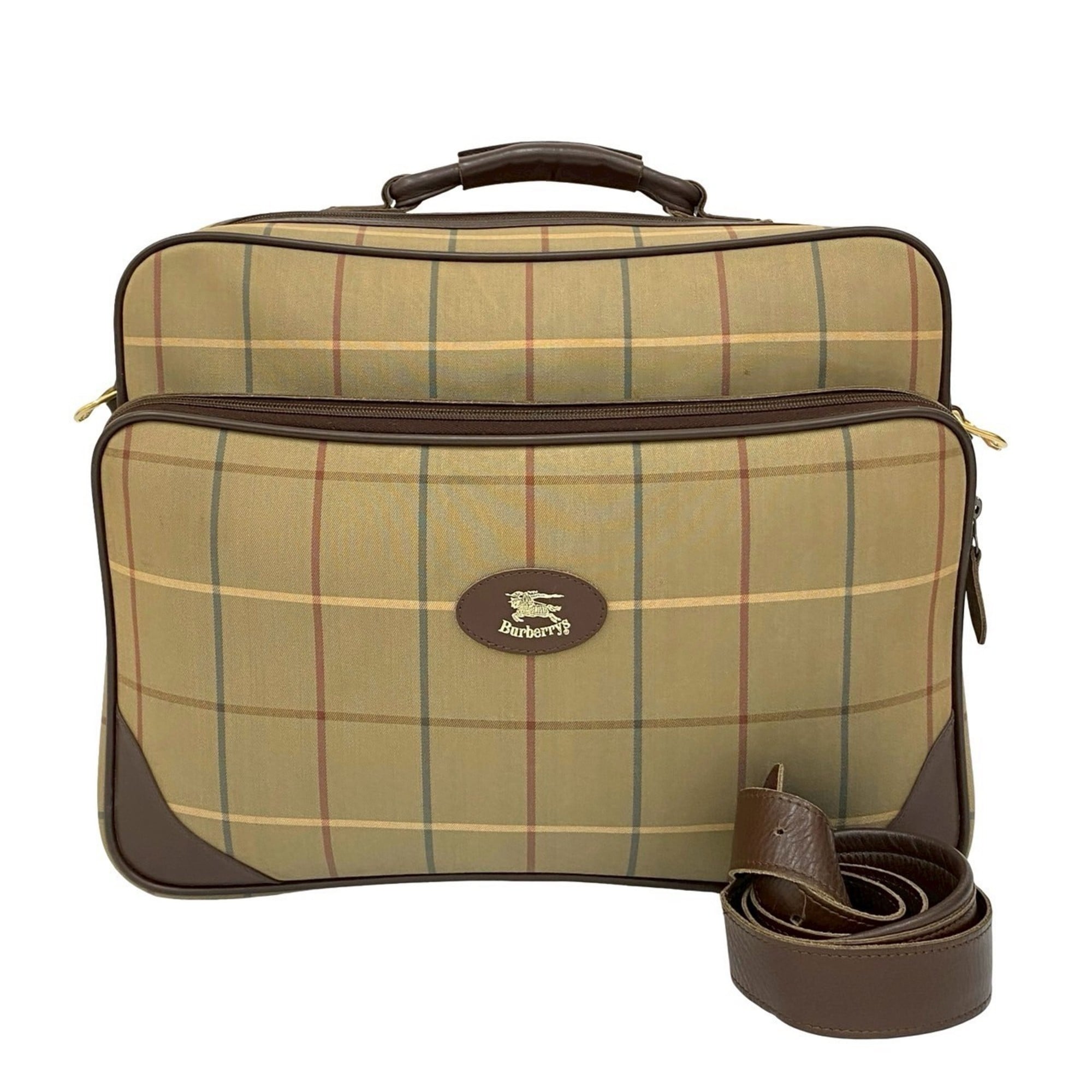 Burberry Brown Khaki Canvas Leather Boston Bag Handbag Shoulder Bag (Pre-Owned)