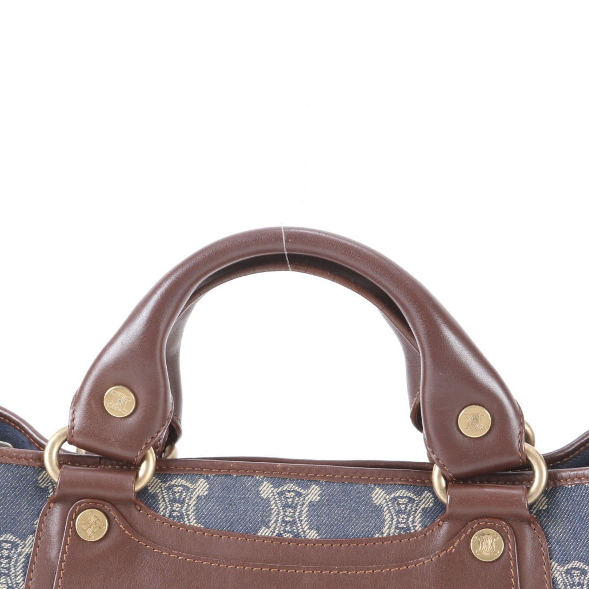 Celine Macadam Brown Navy Leather Canvas Handbag Tote Bag (Pre-Owned)