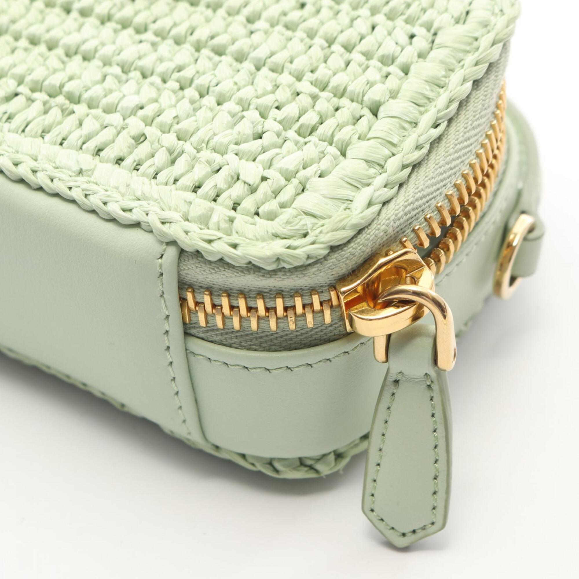 Prada Green Leather Raffia Pouch Shoulder Bag (Pre-Owned)