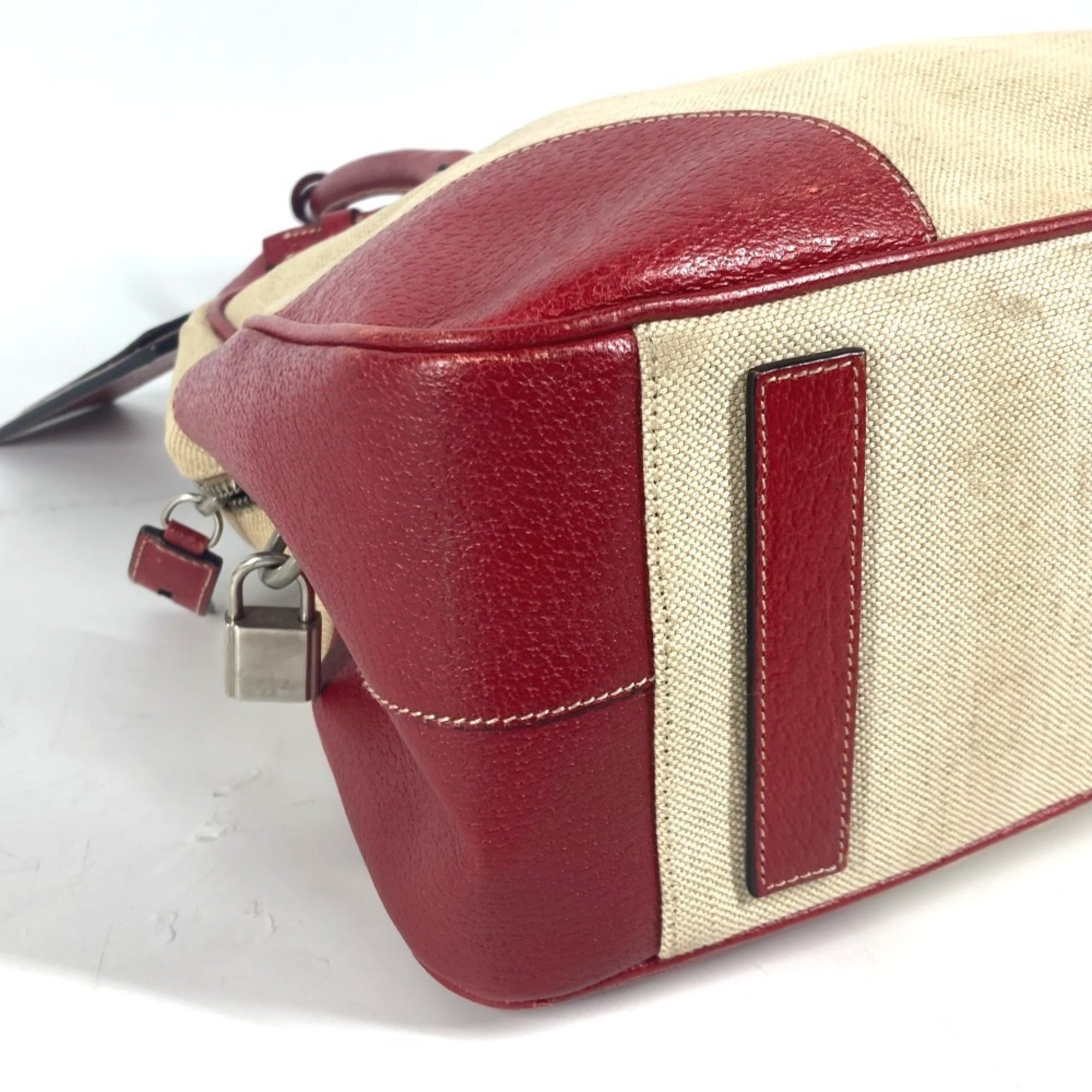 Prada Beige Red Color Leather Canvas Boston Bag Shoulder Bag (Pre-Owned)