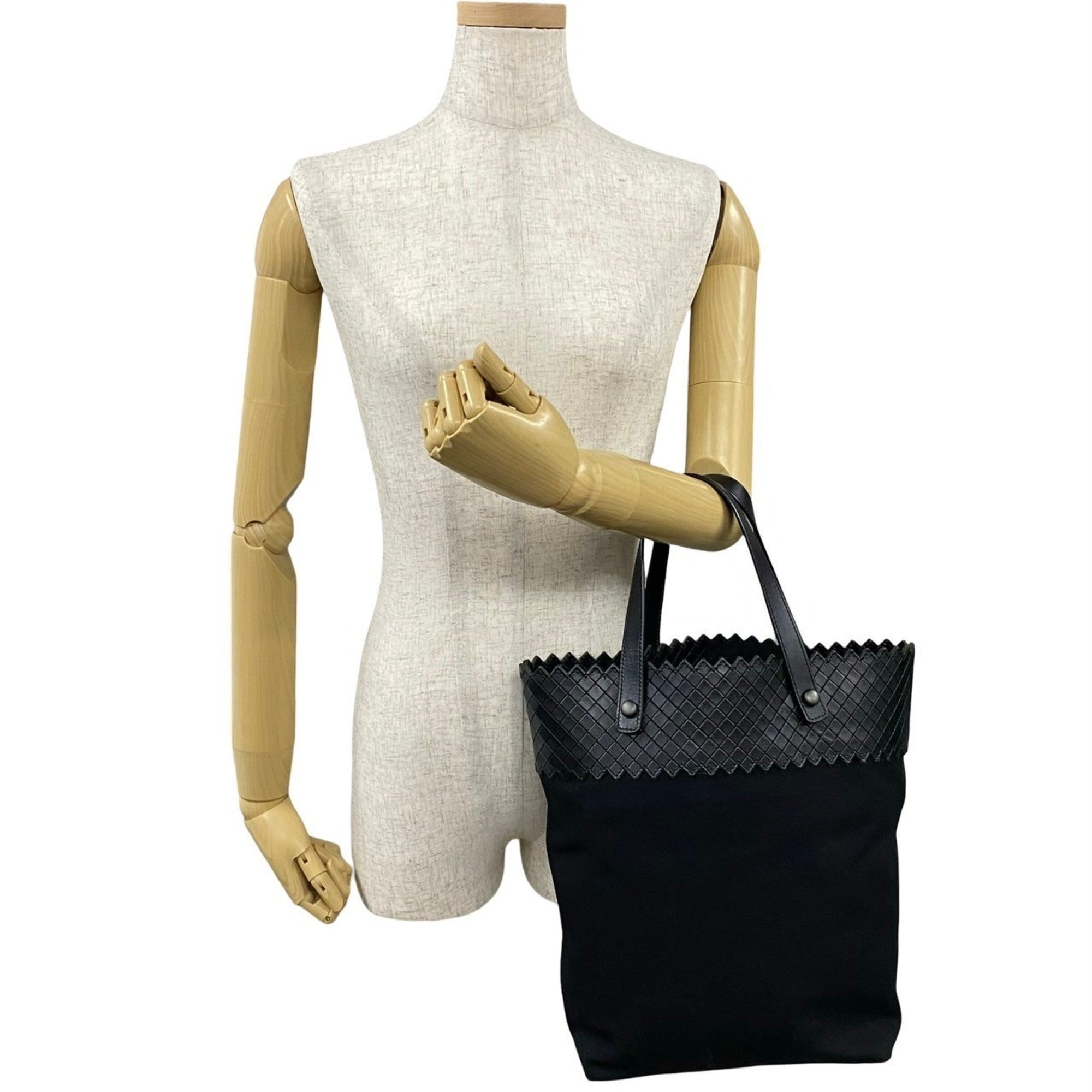 Bottega Veneta Black Leather Canvas Handbag Tote Bag (Pre-Owned)