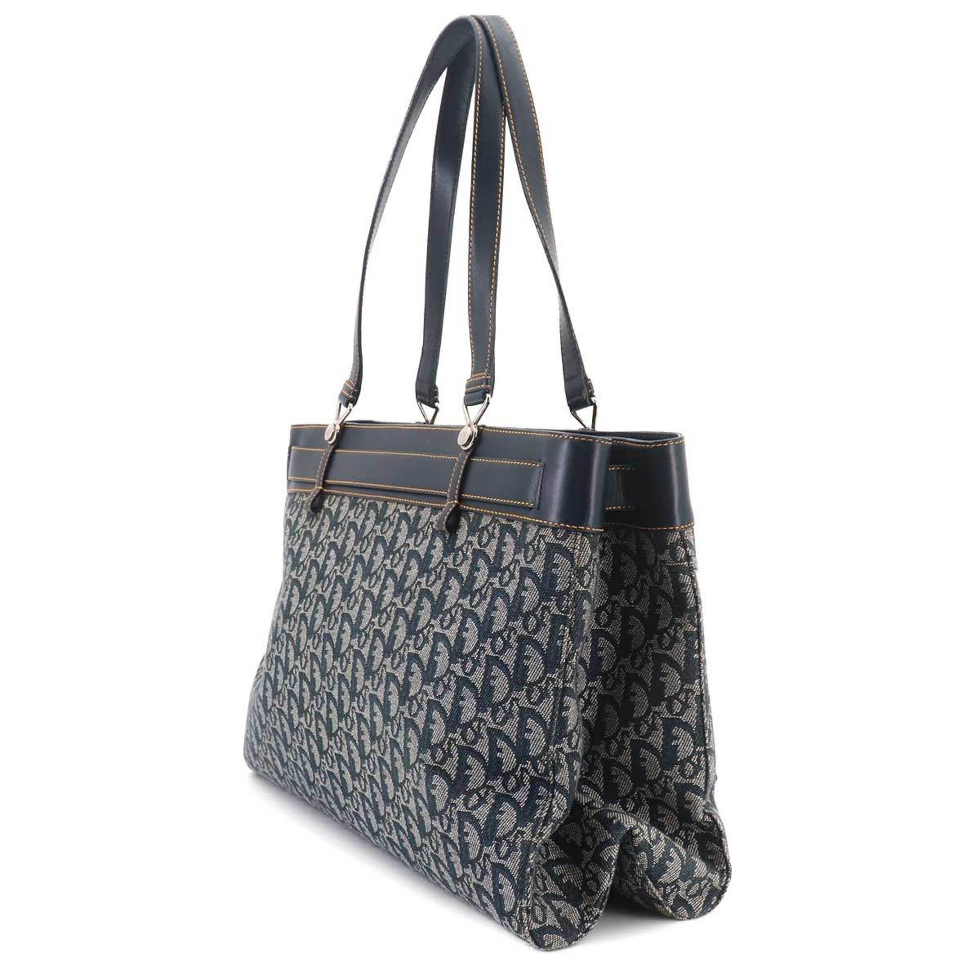 Christian Dior Navy Leather Canvas Handbag Tote Bag (Pre-Owned)