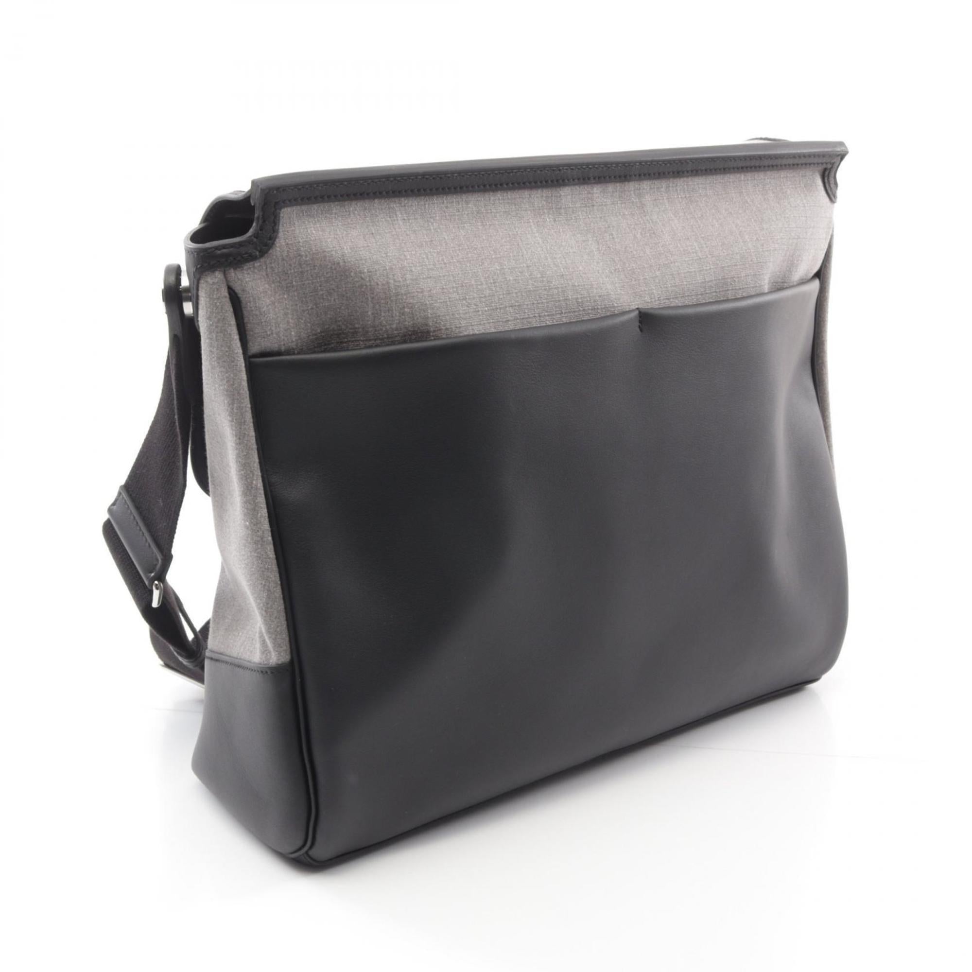 Hermes Black Gray Canvas Swift Leather Shoulder Bag (Pre-Owned)