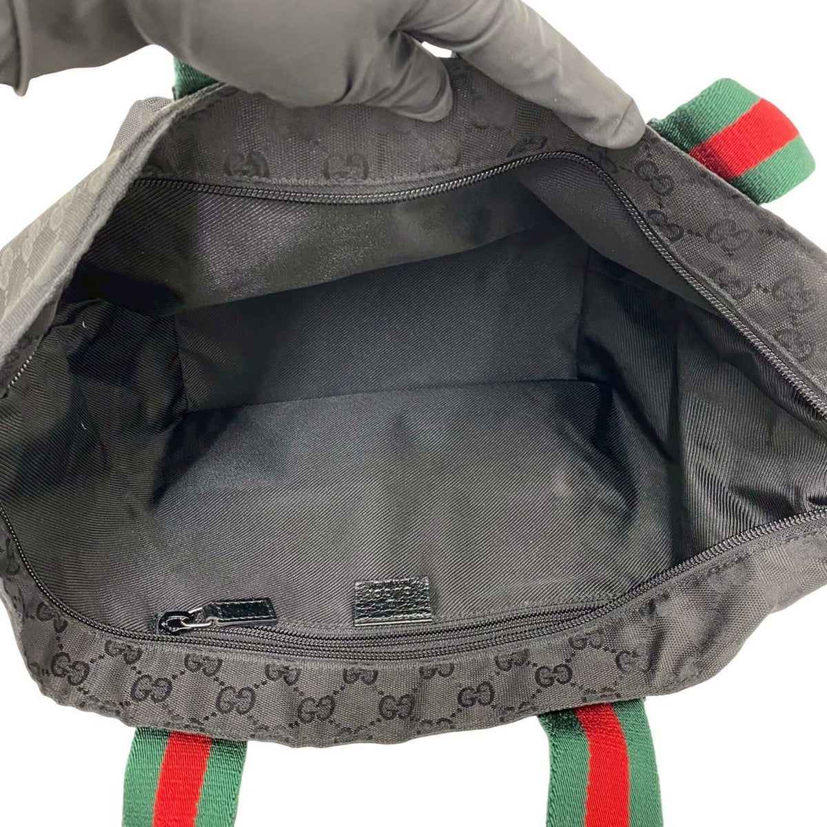 Gucci Black Green Red Color Leather Nylon Canvas Handbag Tote Bag (Pre-Owned)