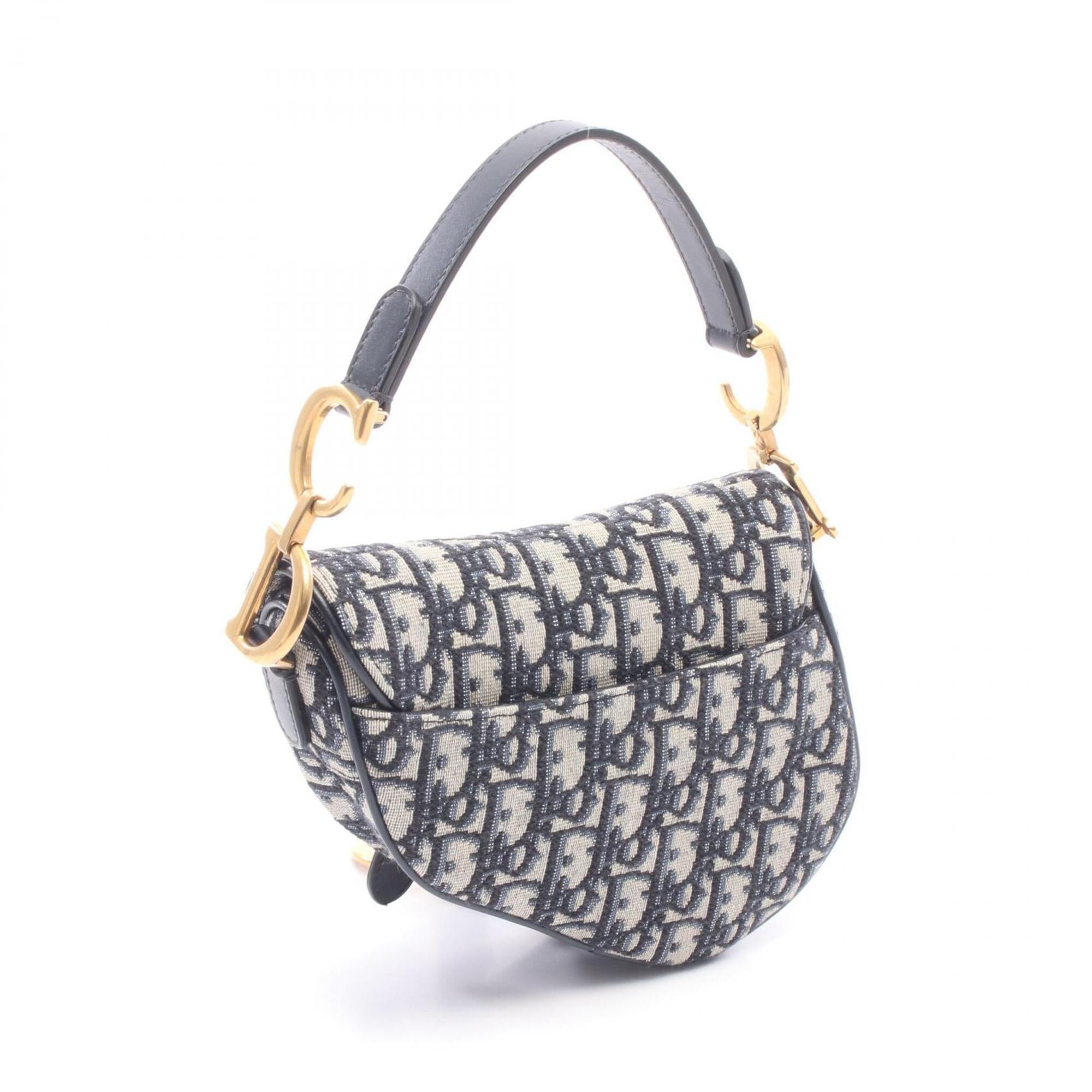 Christian Dior Beige Navy Canvas Leather Handbag Saddle Bag (Pre-Owned)