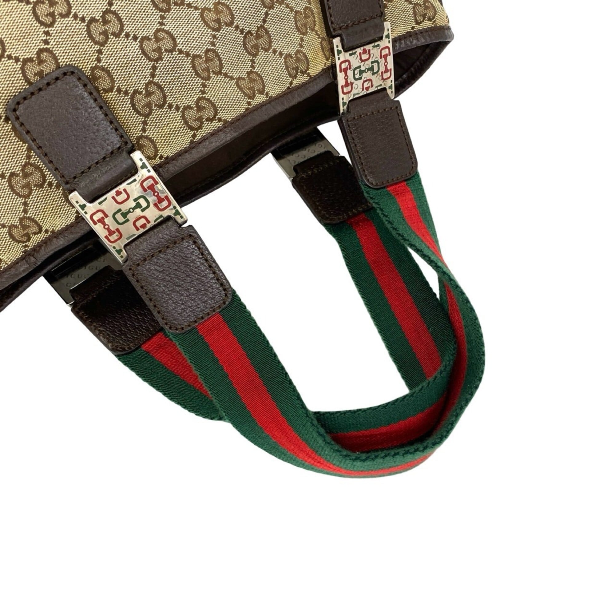 Gucci Brown Green Red Color Canvas Leather Handbag Tote Bag (Pre-Owned)